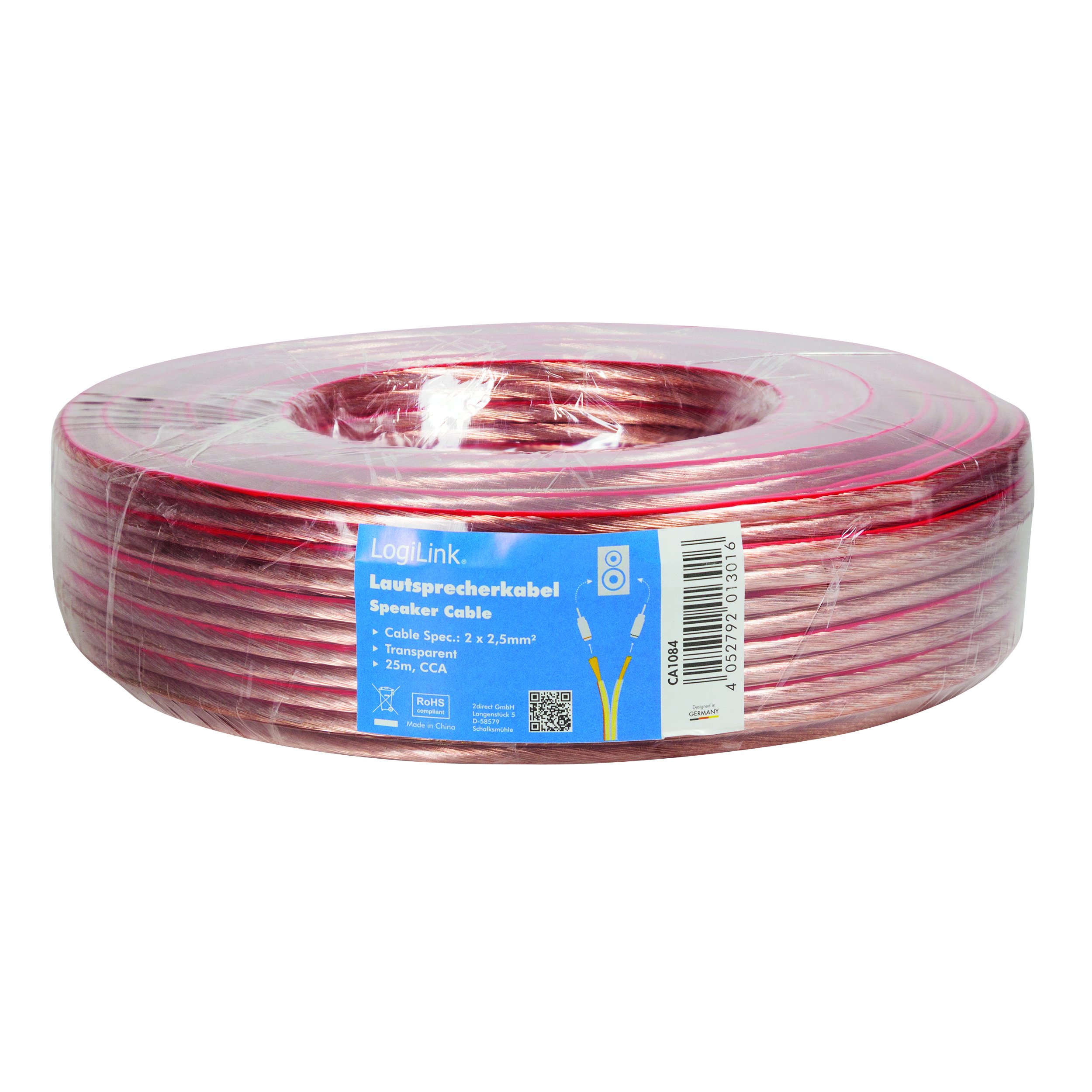 LogiLink CA1084 - Cable de Altavoz para Sistema HiFi (2 x 2,50 mm, sección Transversal, 25 m), Transparente