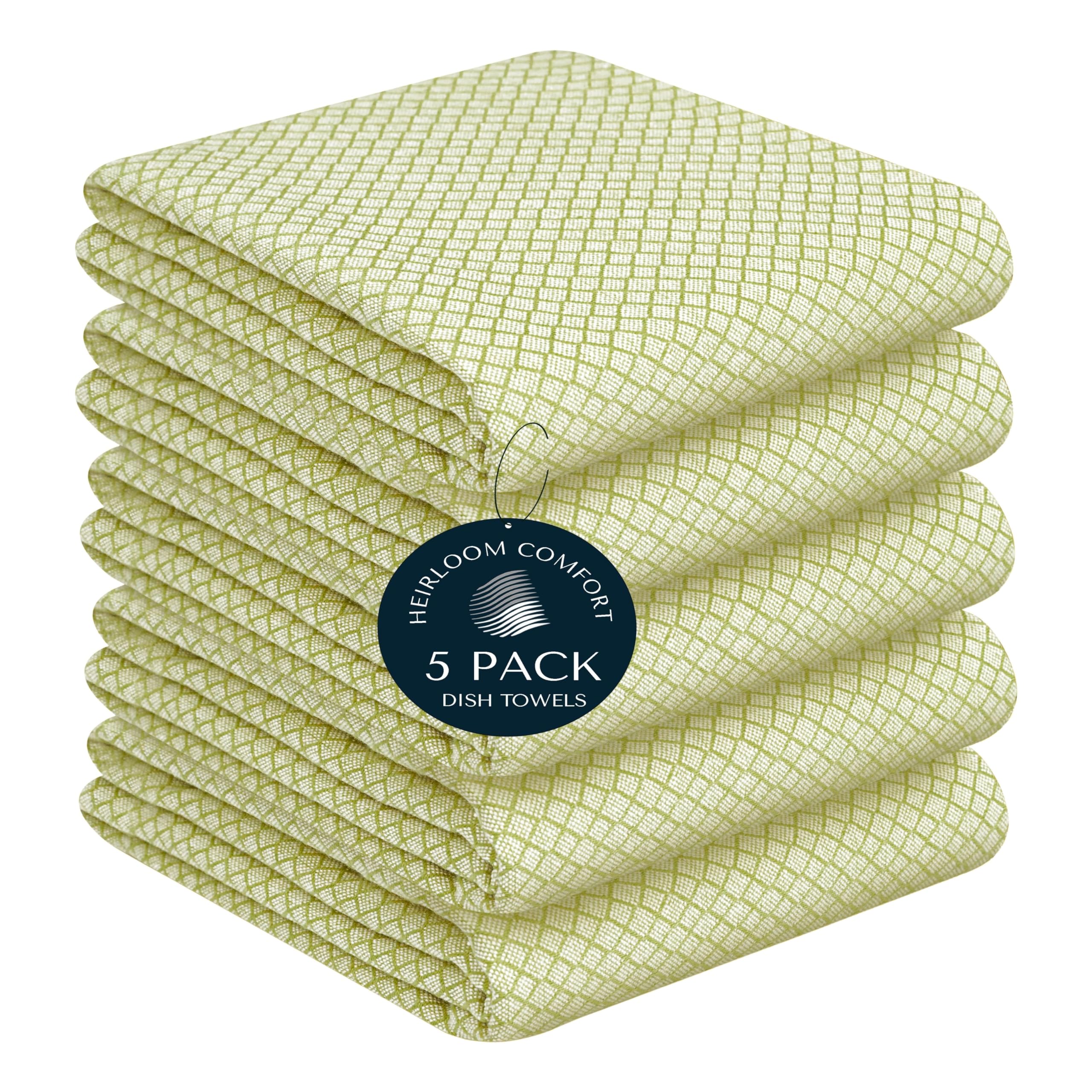 HEIRLOOM COMFORT Lemon Green Honeycomb Kitchen Towels 5 Pack, 40x66 cm, 100% Cotton, Quick Drying, Super Absorbent, Reusable & Washable Dish Towels for Drying, Cleaning, and Everyday Use