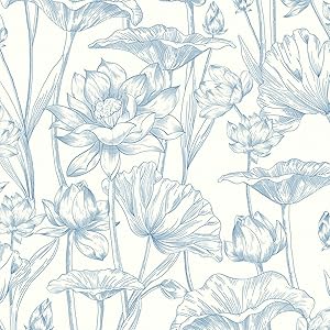 Vinjiasin Peel and Stick Wallpaper Blue Floral Contact Paper Modern Lotus Wall Paper for Bathroom Bedroom Self Adhesive Removable Flower Leaf 16.1"x 78.7"