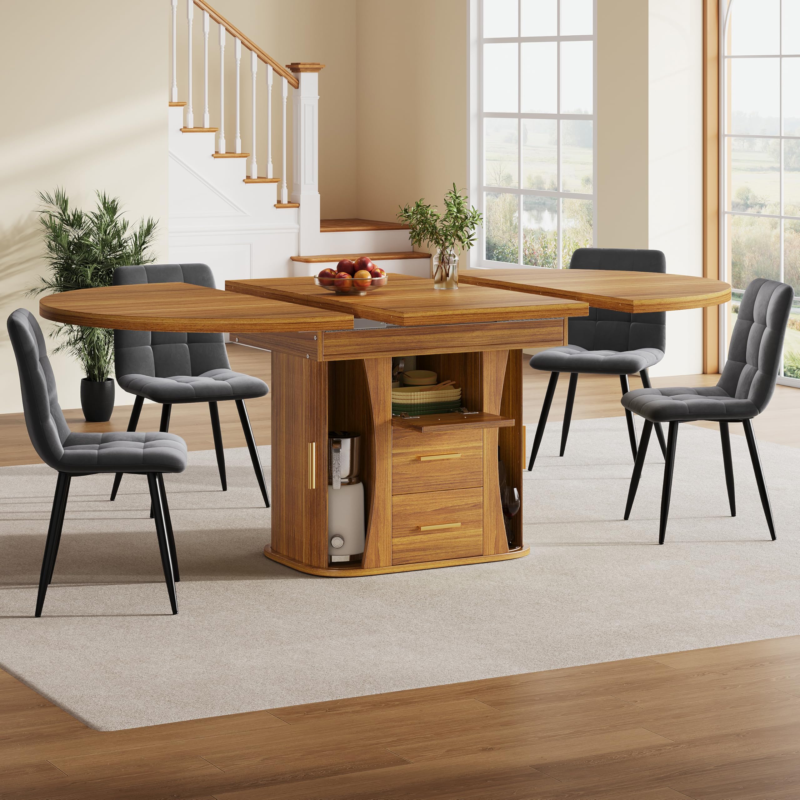 Table de cuisine 6 personnes extensible 118-158 cm avec plateau de rangement