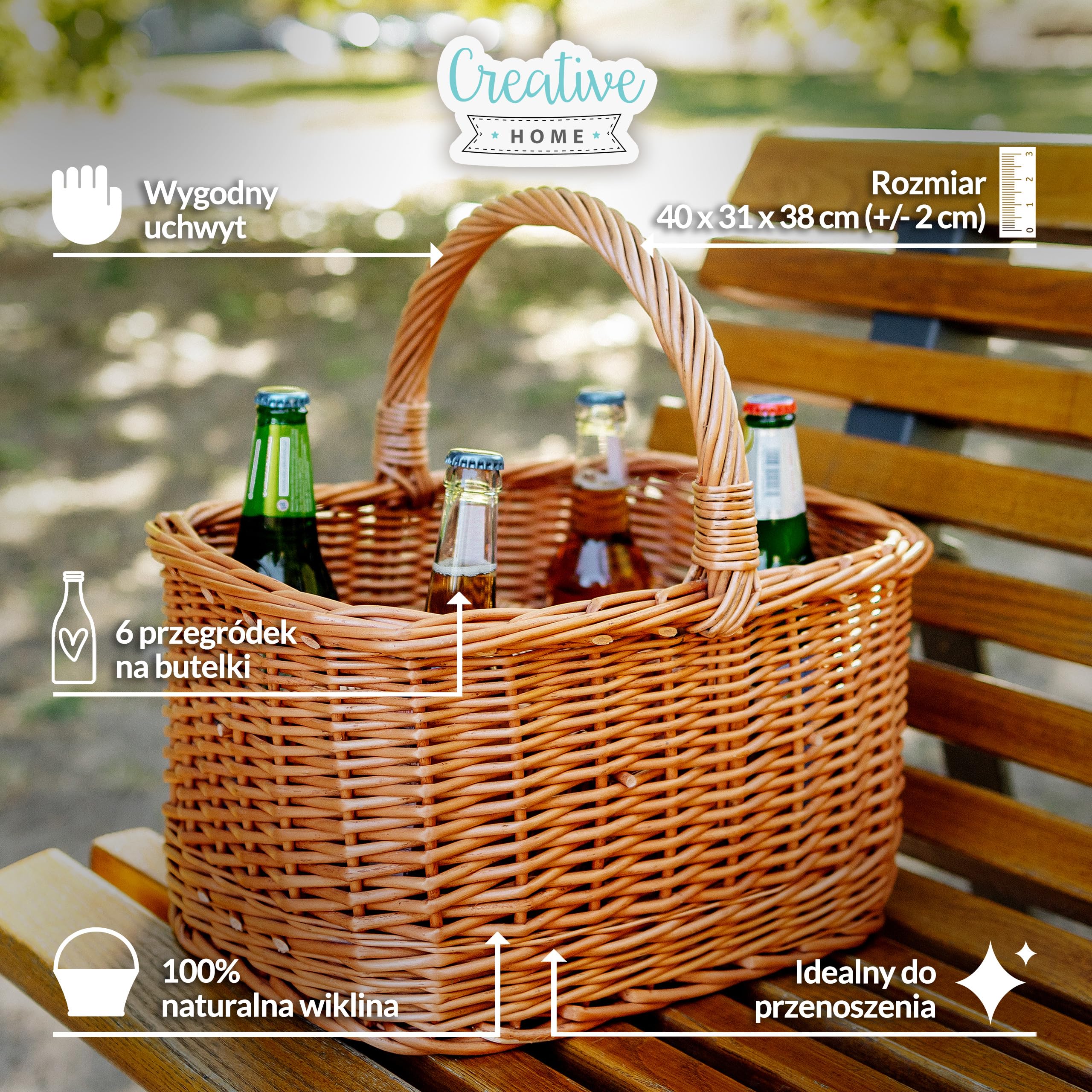 Creative Home Wiklinowy na Butelki z Uchwytem 6 Przegród Wymiar 40x31x38cm | Kosz | (+/-2cm) | Duży i Lekki | Naturalny Brąz | Ręcznie Wyplatany | Uniwersalny i Wytrzymały