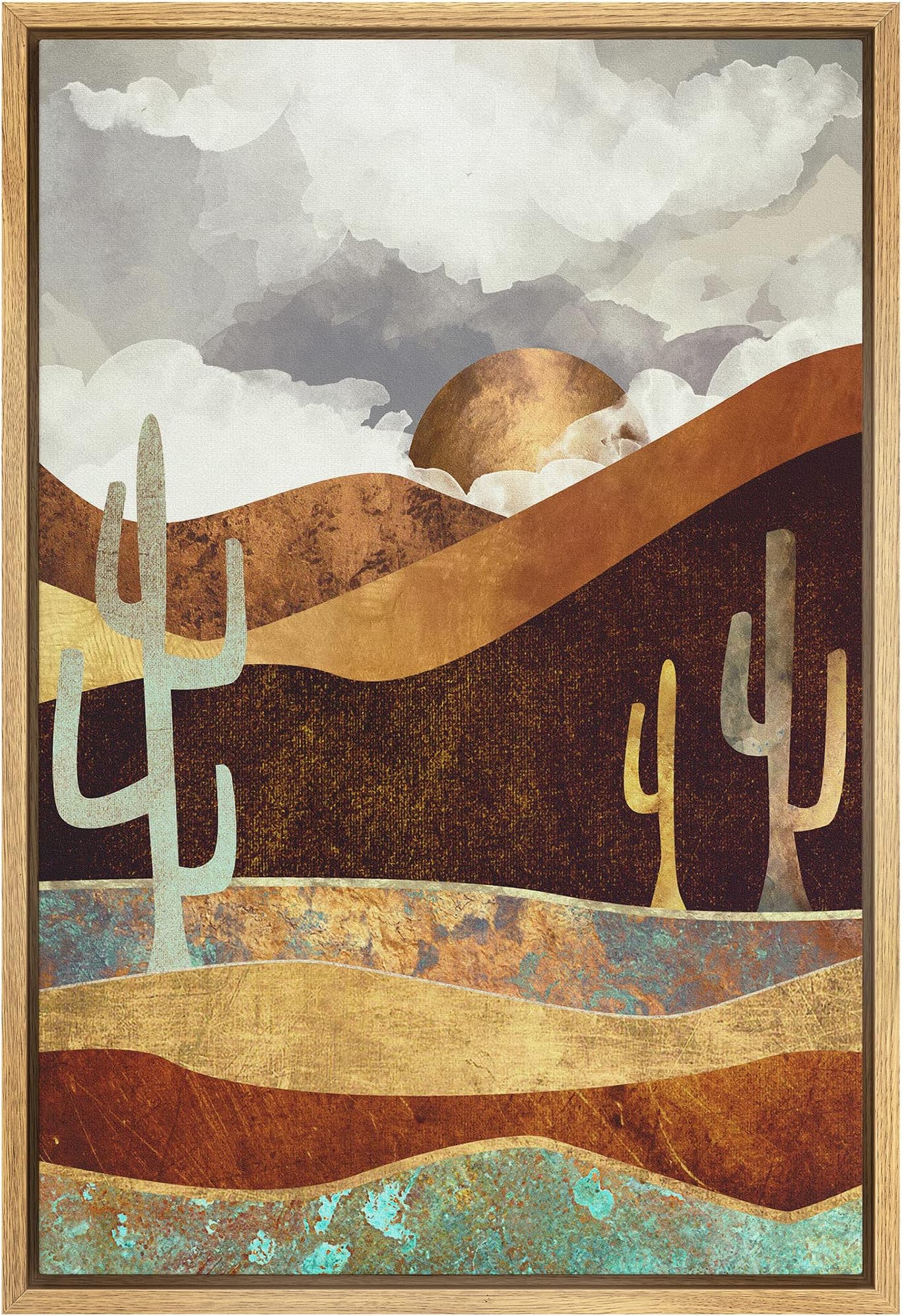 SIGNFORD Framed Canvas Print Wall Art Cloudy Brown Desert Landscape with Cacti Abstract Wilderness Digital Art Modern Art Southwest Colorful for Living Room, Bedroom, Office - 16"x24" Natural