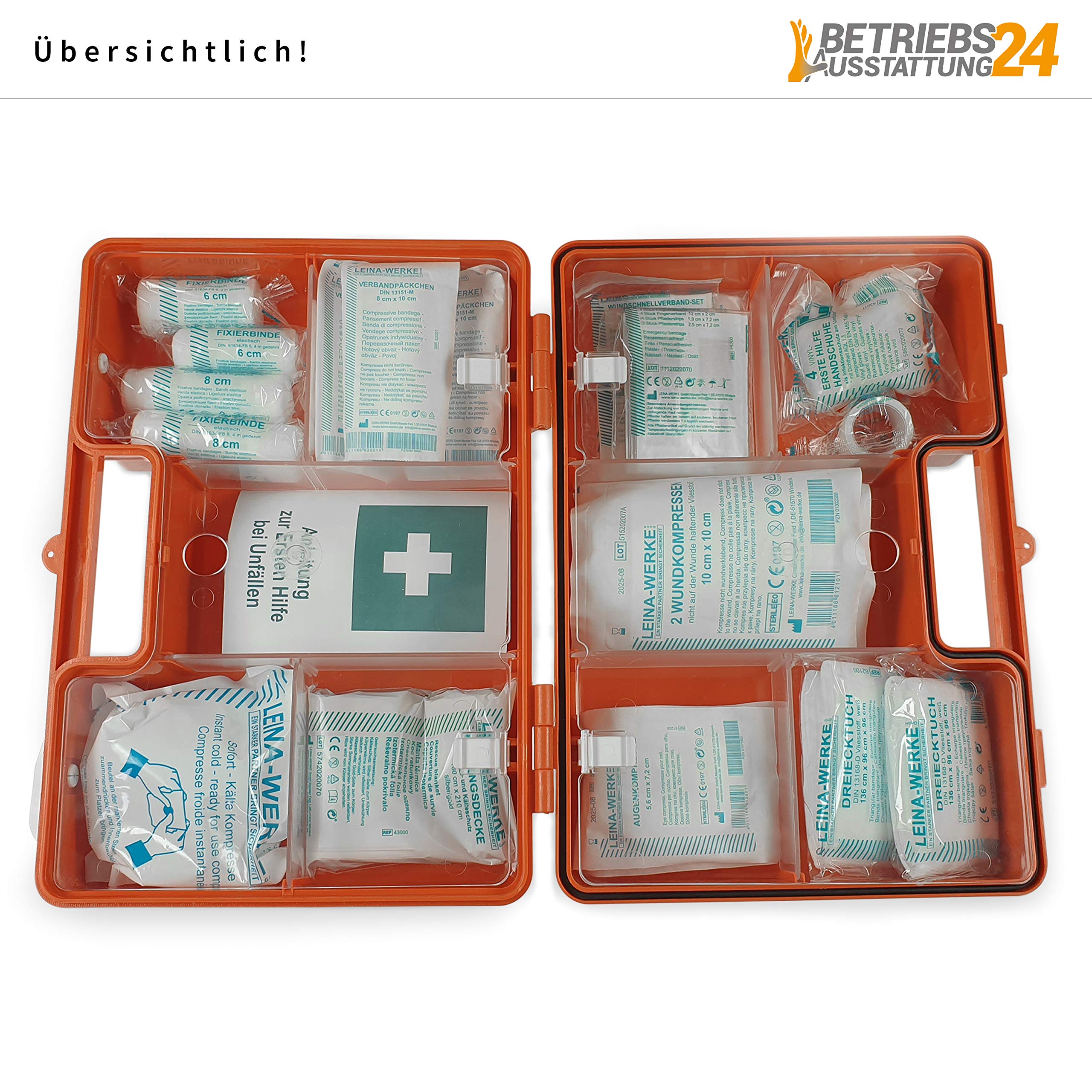 Erste-Hilfe-Koffer Komplettset für Betriebe nach DIN - Verbandskasten inkl. Inhalt, Hinweisschild, Sicherheitsaushang & Meldeblock - First AID Box (Small, Orange - DIN 13157)