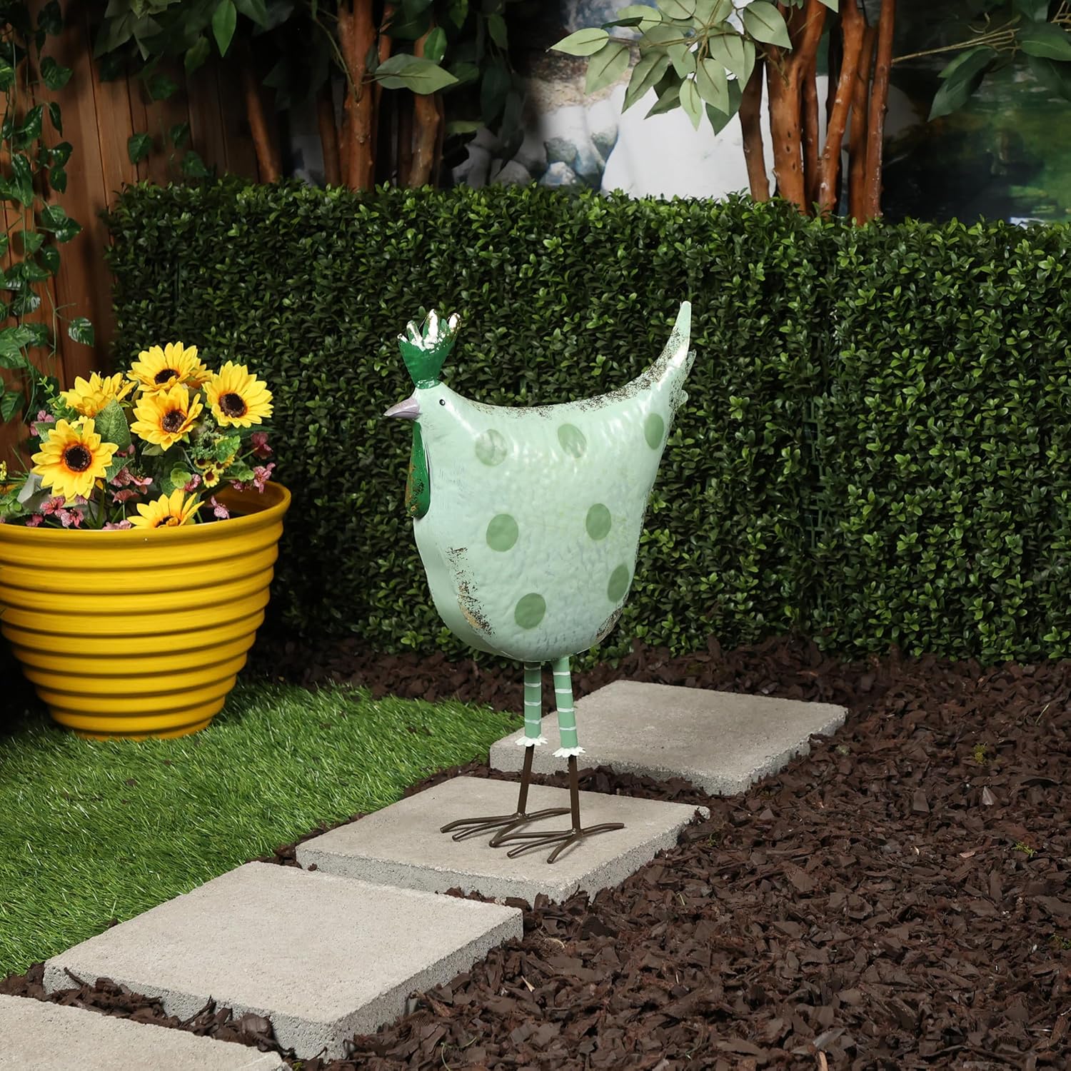Alpine Corporation 21" Tall Outdoor Metal Polka Dot Standing Hen Yard Statue, Green