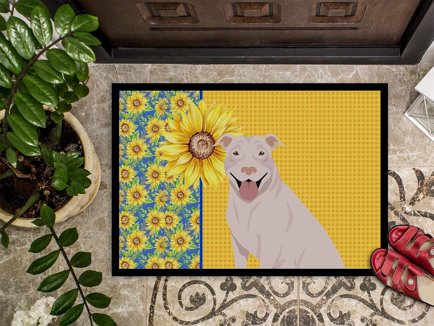 Caroline's Treasures WDK5323JMAT Summer Sunflowers White Pit Bull Terrier Doormat 24x36 Front Door Mat Indoor Outdoor Rugs for Entryway, Non Slip Washable Low Pile, 24H X 36W