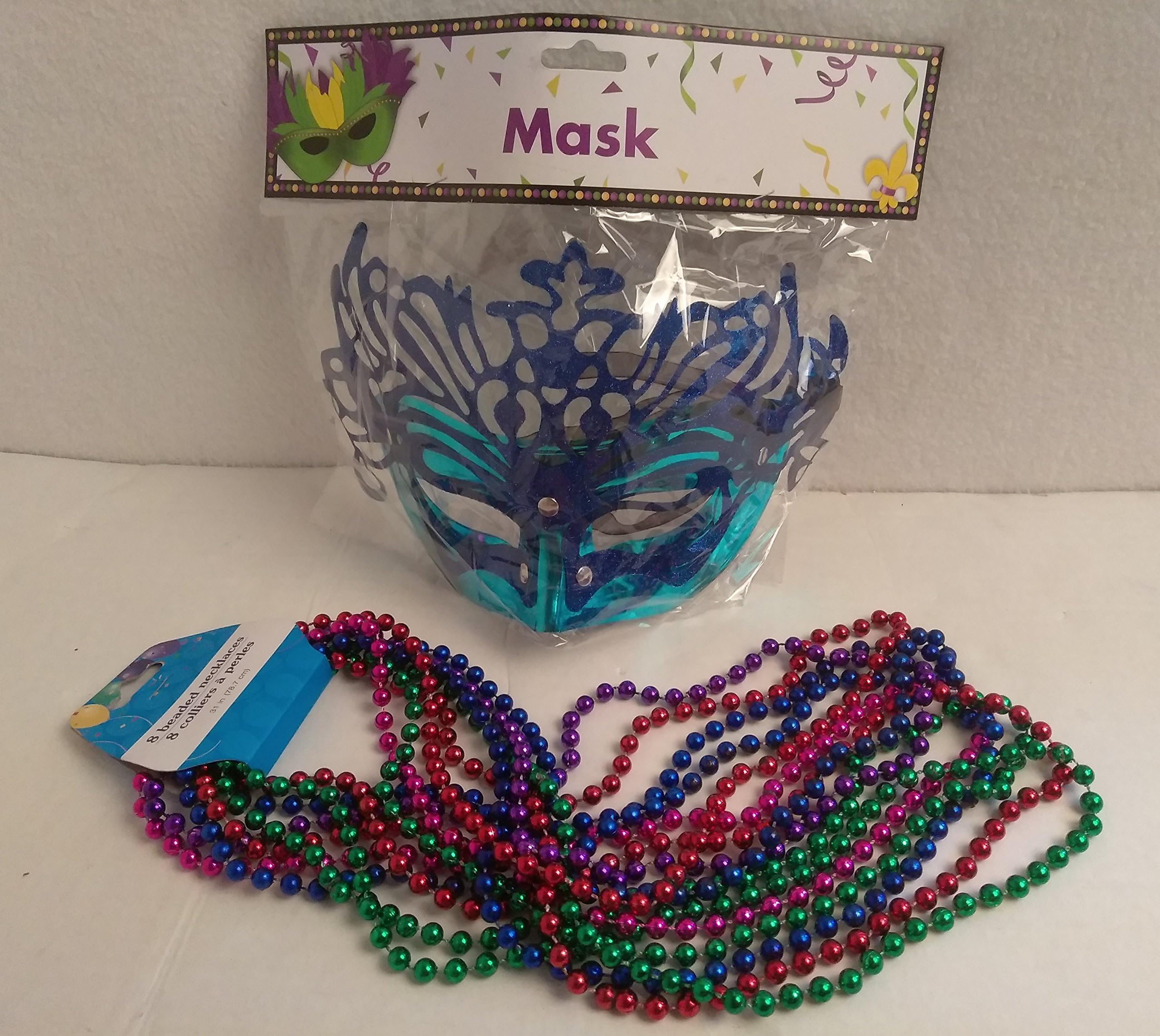 Masquerade Mardi Gras Party Mask Metallic Mardi Gras Beads Beaded Necklace Purple Gold Green Set BLUE