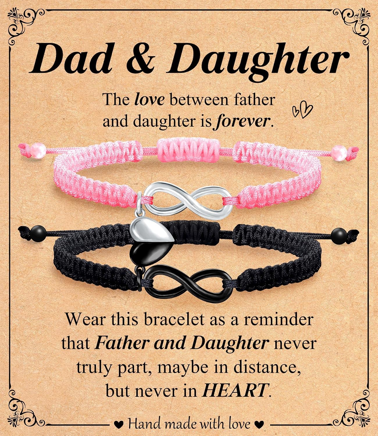 Matching Bracelets for Dad Daughter Mother Son, 2PCS Adjustable Heart Bracelets for Birthday Fathers Gift