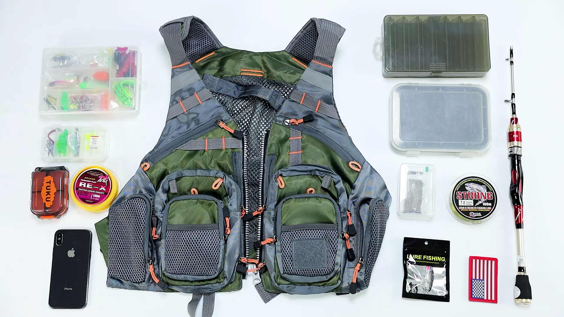 Gilet De Pêche Ausable Vert - Taille L Avec Poches Et Accessoires Inclus (filet, Leurres, Hameçons)