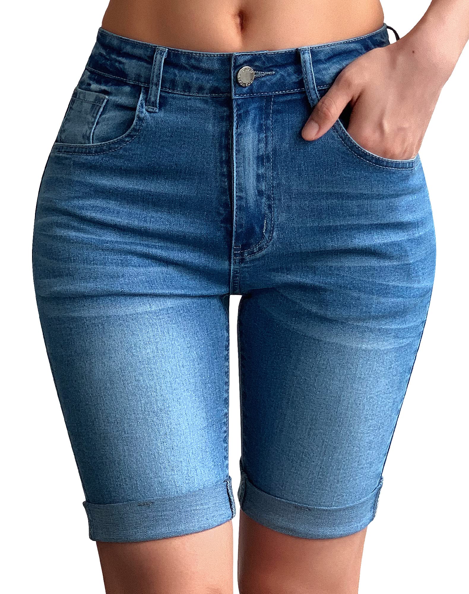 roswear Bermuda da Donna a Vita Media, Elasticizzati, in Denim, Azzurro Chiaro, XL