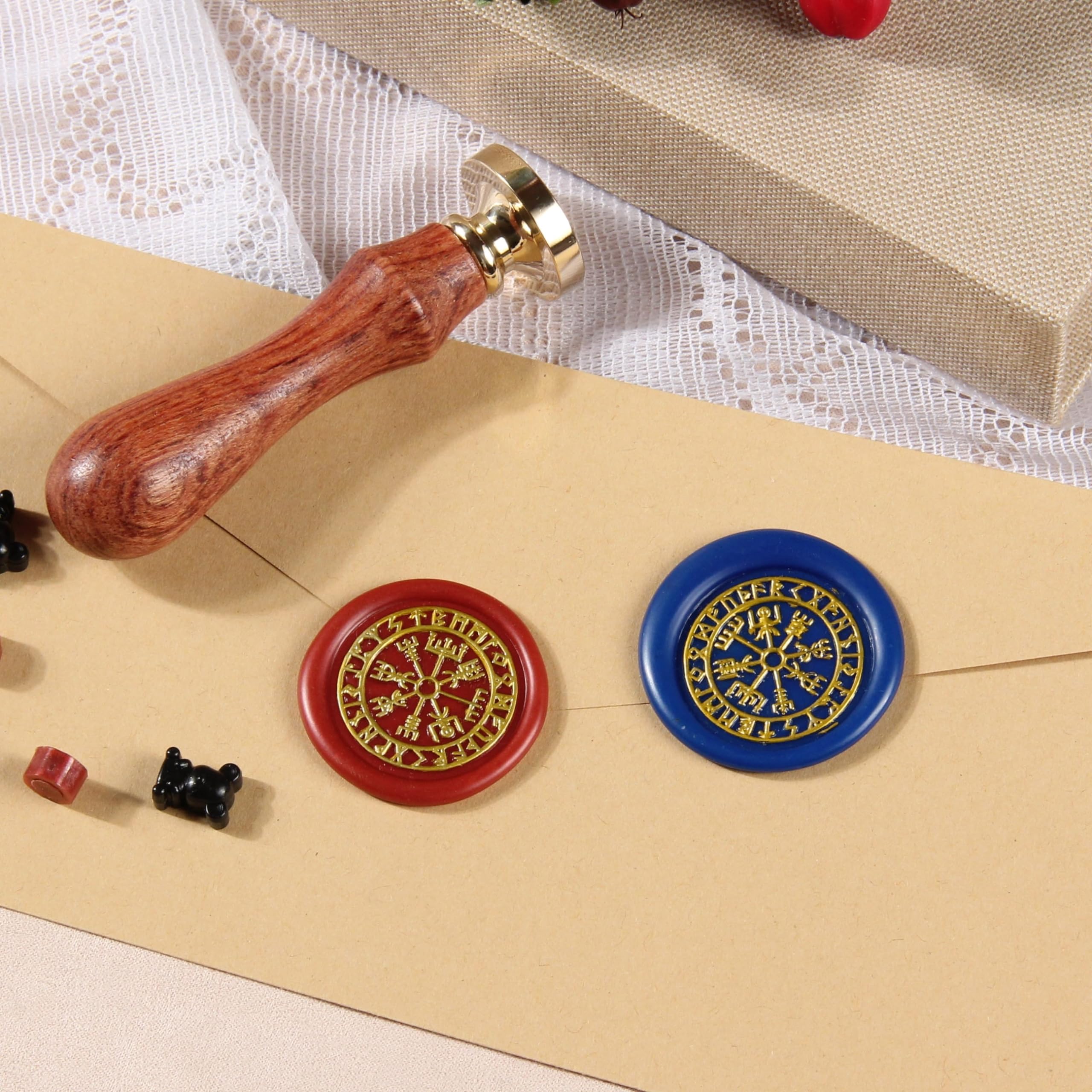 Vegvisir Viking Compass Rune Spell Sealing Wax Stamps Norse Runes 25mm/1'' Vintage Original Seal Stamp Head with Wooden Hilt