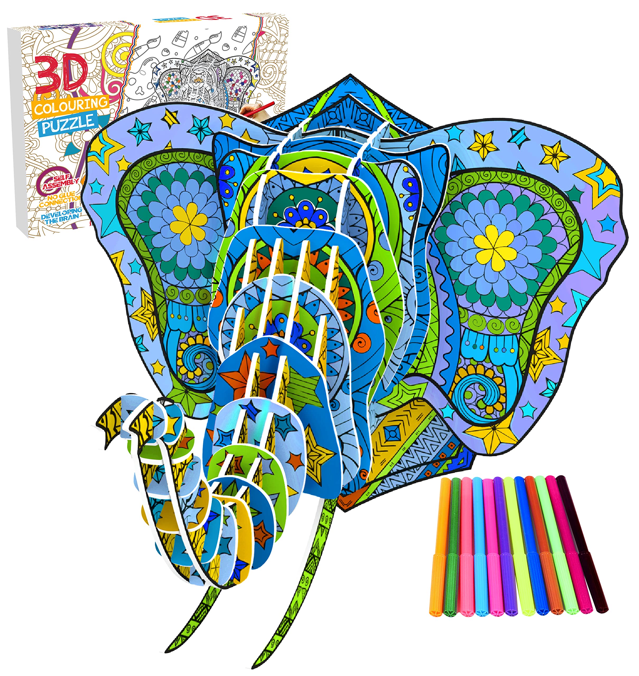 3D Coloring Puzzle,Coloring Puzzle Creative Gifts for Girls, Fun Art Creative Gifts Toys, Painting Craft Birthday Gift,Educational 3D Coloring Puzzle for Kids Boy Girls Gifts Age 6 7 8 9 10 Elephant