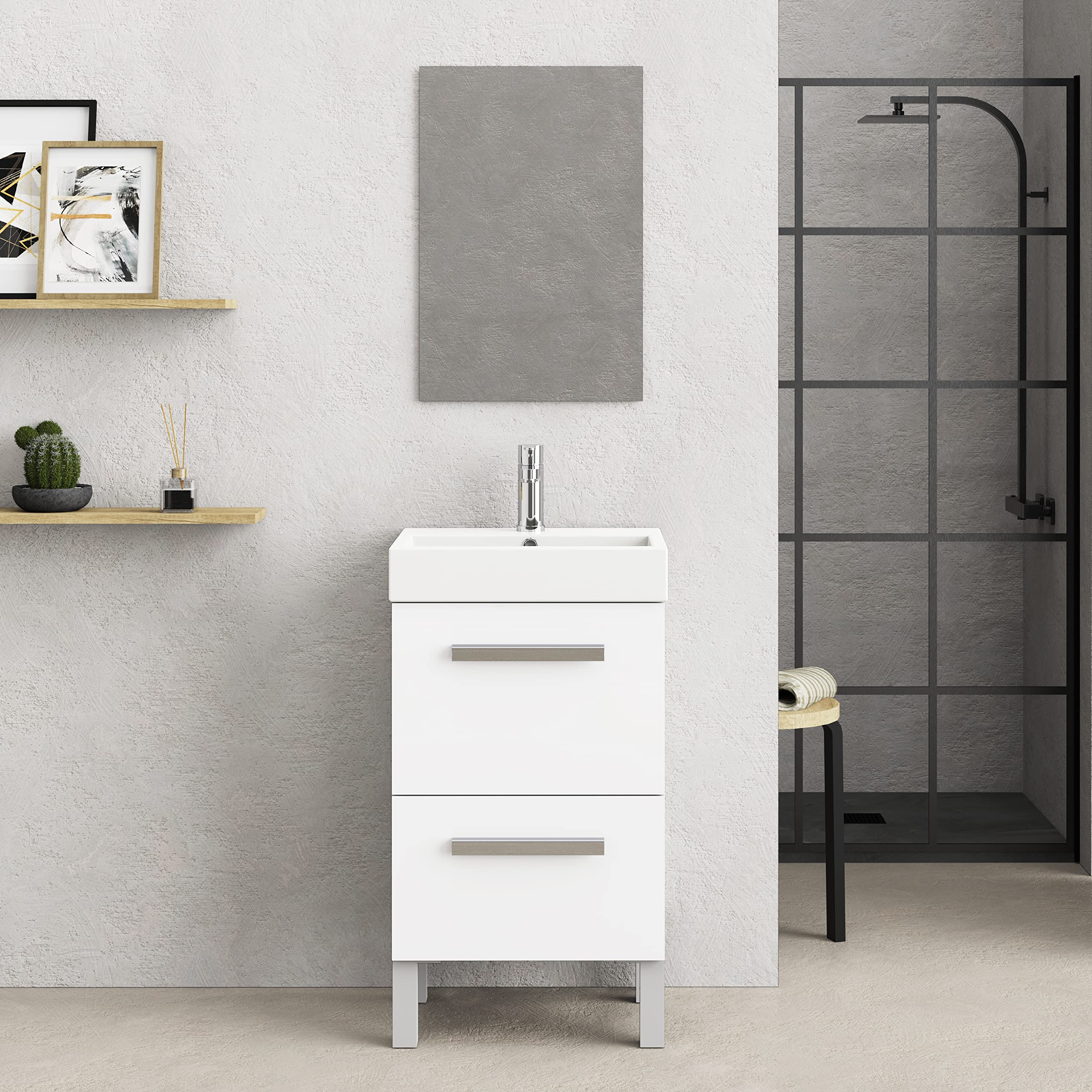 Baikal Conjunto De Mueble De Baño 45cm. Incluye Mueble con Lavabo. Melamina 16mm. Mueble MONTADO. Lavabo Encastrado. con Espejo Puerta Abatible + Cajón Blanco
