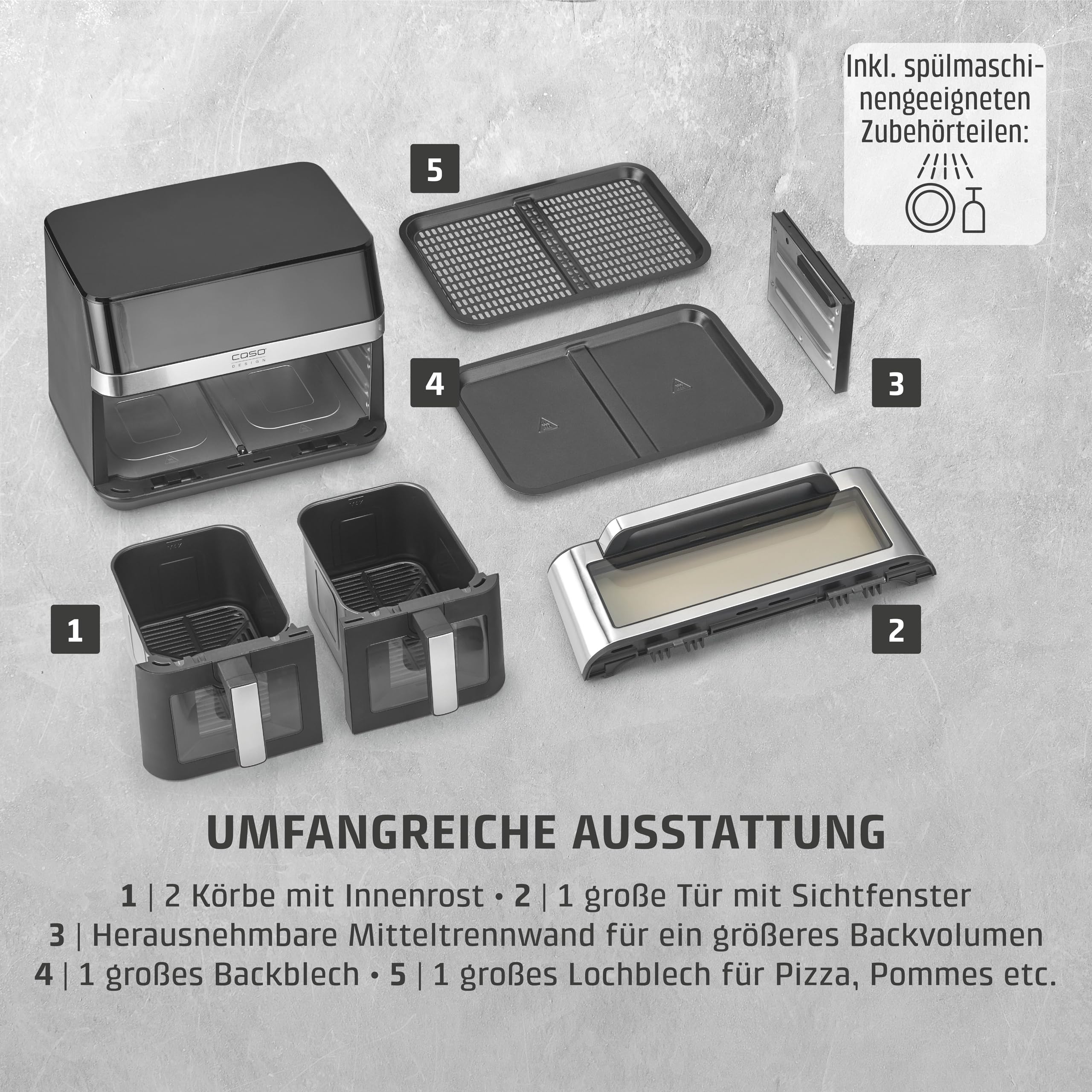 CASO AirFry DuoChef -Heißluftfritteuse mit 2 Kammern, 14L Volumen, nahezu fettfrei, 10 Programme, 50-200°C, Timer, LED-Anzeige, Sichtfenster, SHAKE-Reminder, spülmaschinengeeignet