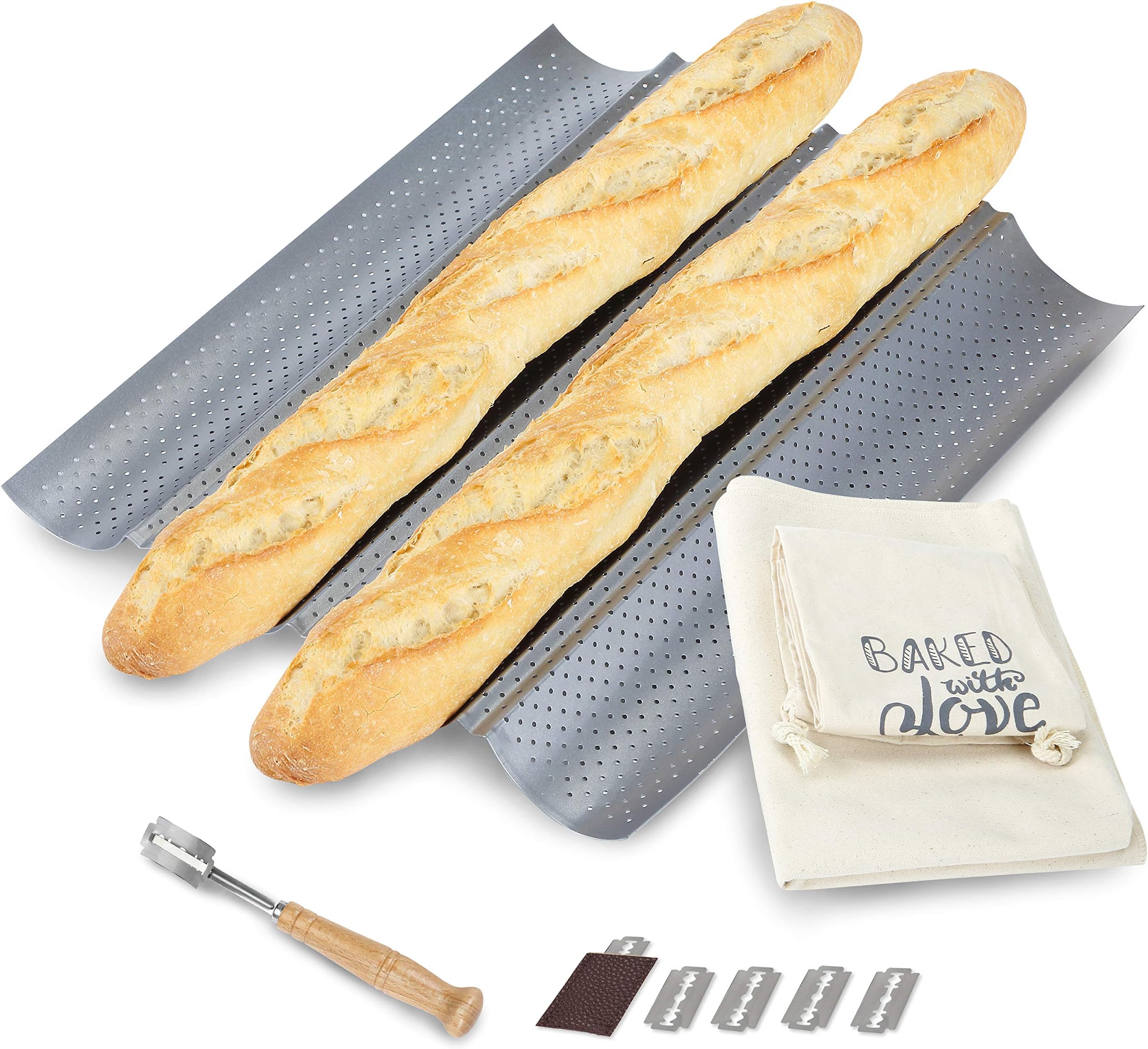 FRENCH BREAD BAKING KIT - NONSTICK PERFORATED BAGUETTE PAN 15"X13", SOURDOUGH SCORING LAME WITH EXTRA BLADES AND A BREAD PROOFING COUCHE + BONUS BAGUETTE BAG- COMPLETE BAGUETTE MAKING KIT