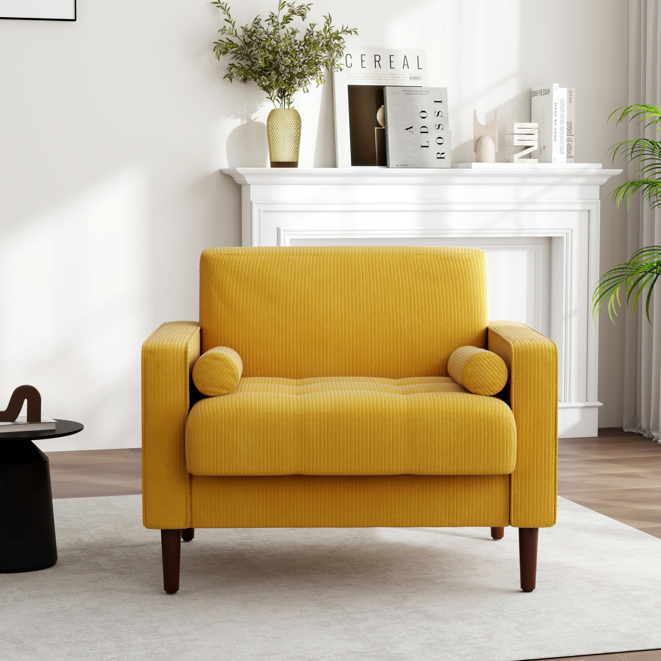 UIXE 1SEAT Yellow Corduroy Accent Chair, fully assembled and ready for use.