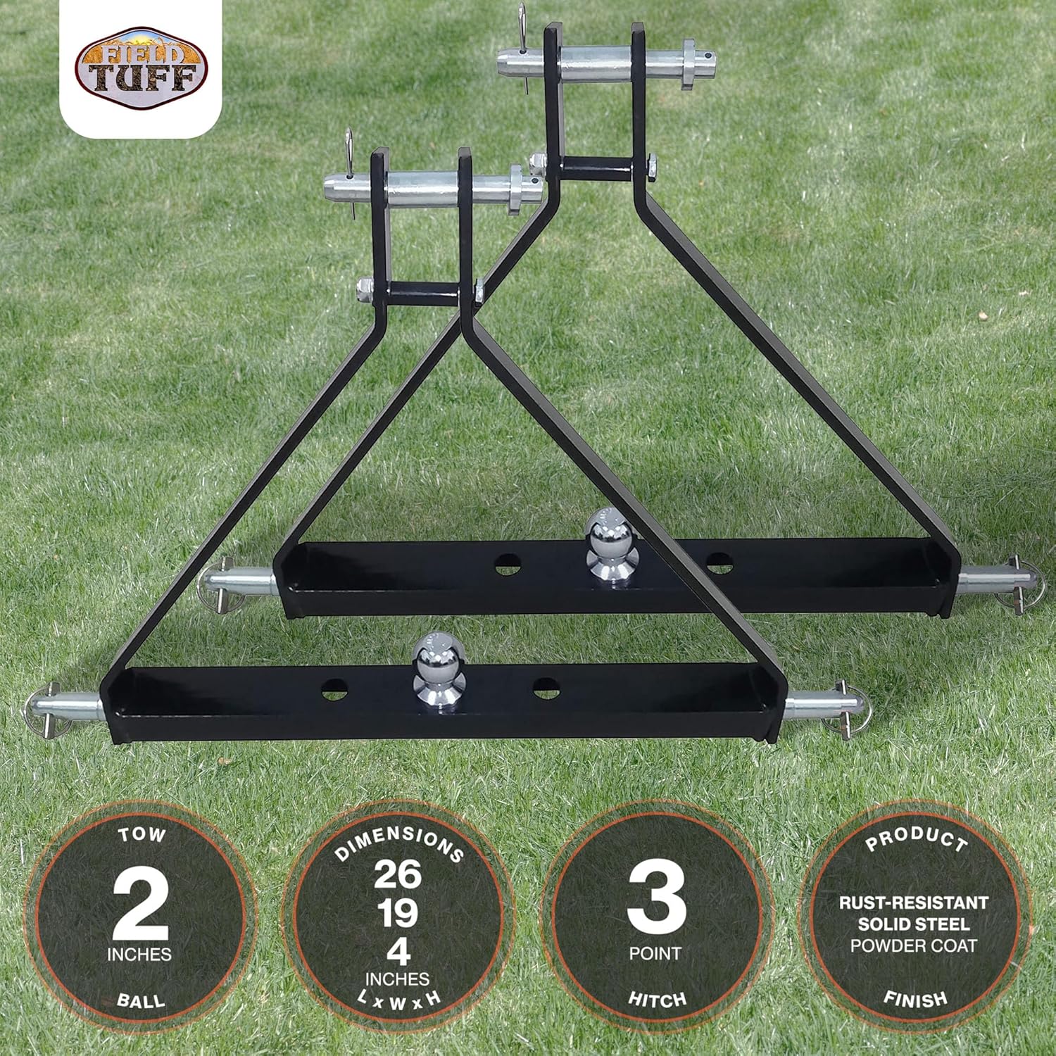 Field Tuff FTF-013PTH Heavy Duty Powder Coated Steel 3 Point Multi Function Triangle Frame Towing Trailer Hitch w/2in Ball for Lawn Tractor (2 Pack)
