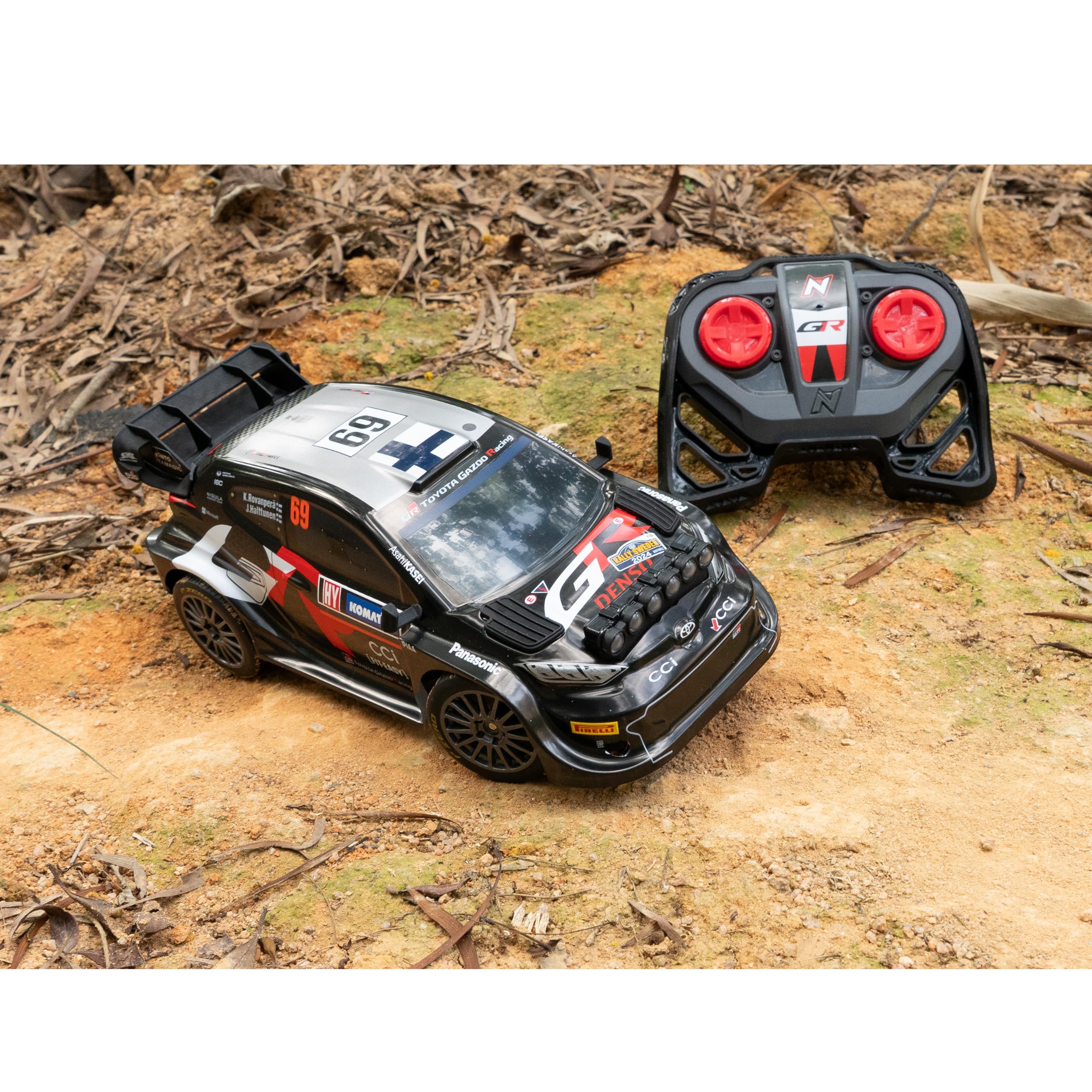 Nikko RC Night Mode RC Toyota GAZOO Racing Sweden Rally 2024 Kalle ROVANPERA LED Race Lights Remote Control Car, 25cm, 2.4GHz Remote Control, 40m Range, 6 Years, Black, 10652, Batteries Not Included