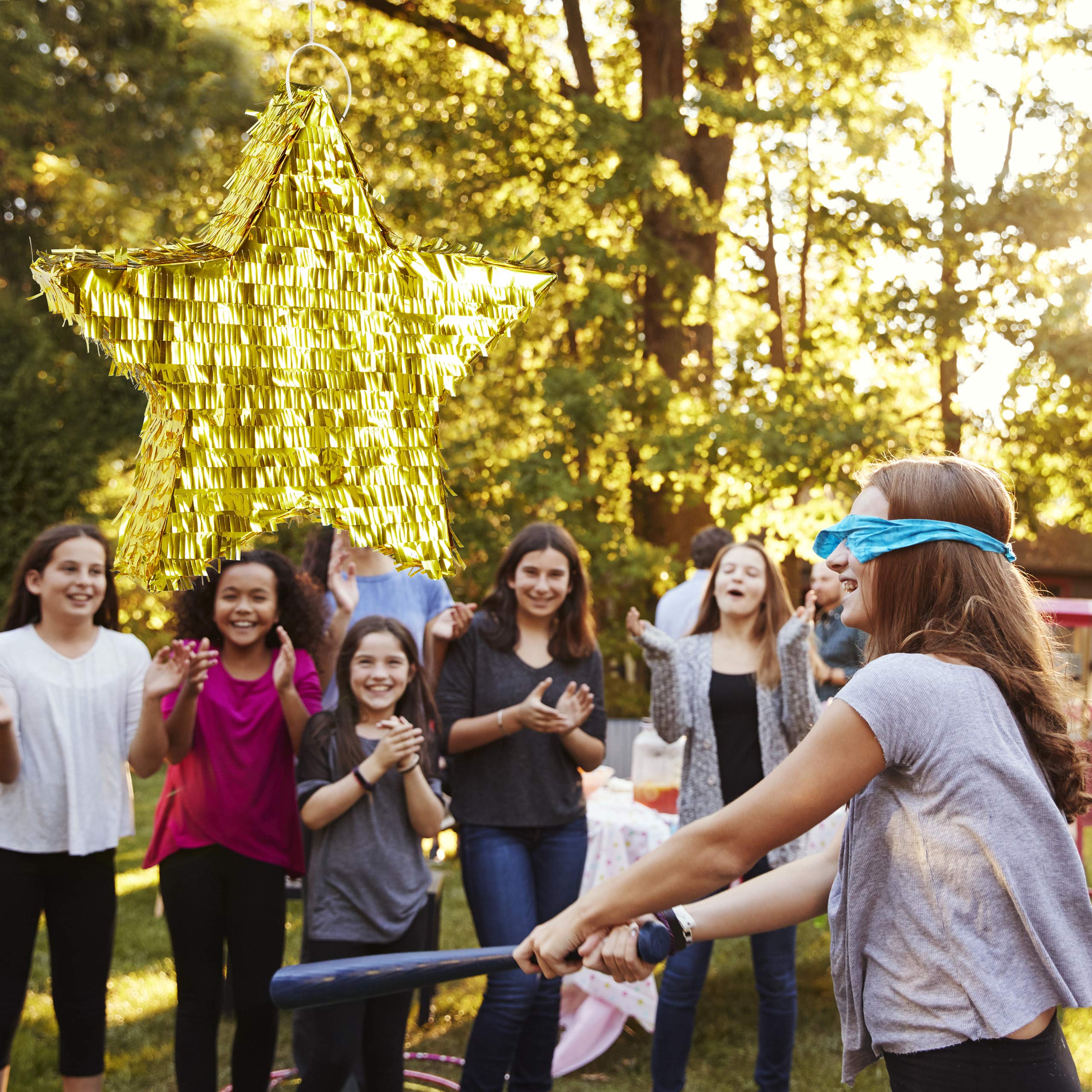 Relaxdays 4-częściowy zestaw Pinata gwiazda, worek konfetti XXL, pałeczka pinata z maską na oczy, złoto piñata, kij i opaska na oczy, papier, kolorowy