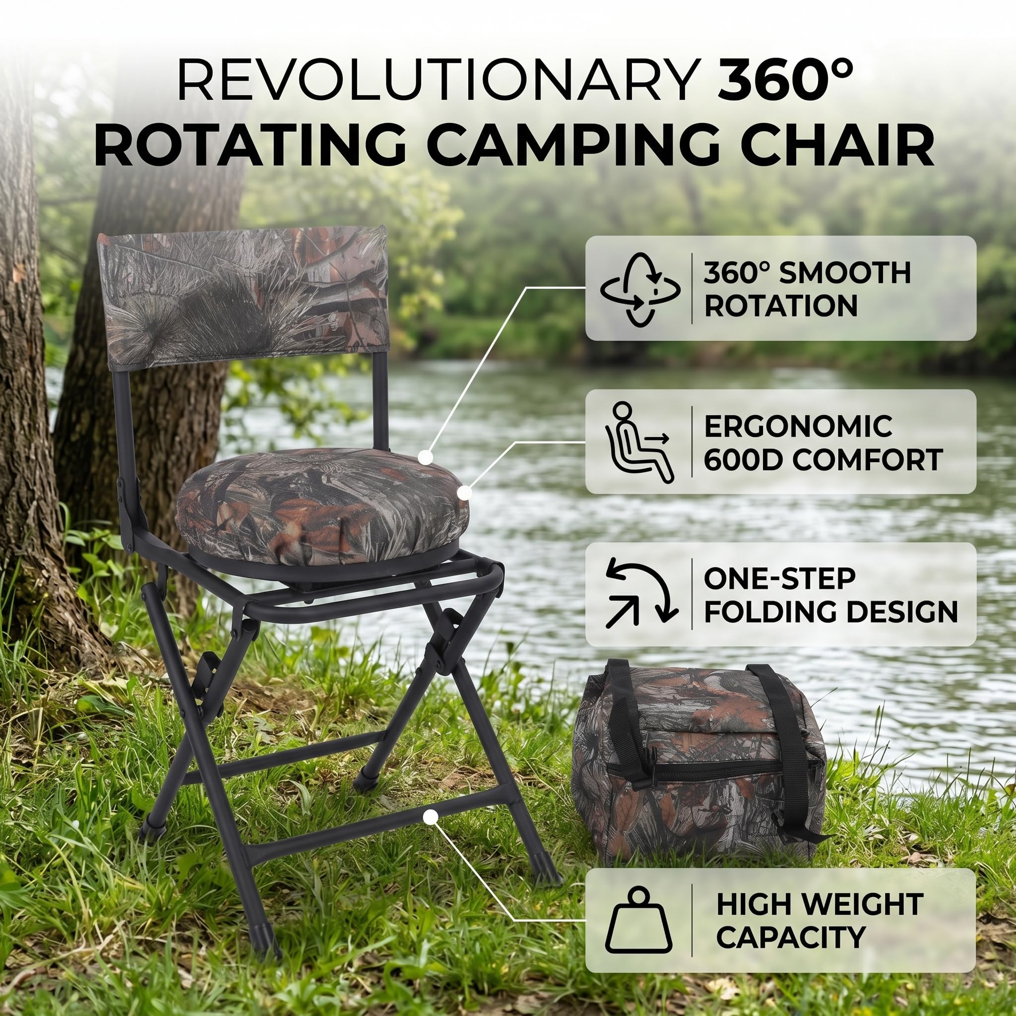 Tnfeeon Chaise pivotante 360° Pliante légère pour Chasse et pêche, Coussin rembourré Portable, idéale Camouflage extérieur