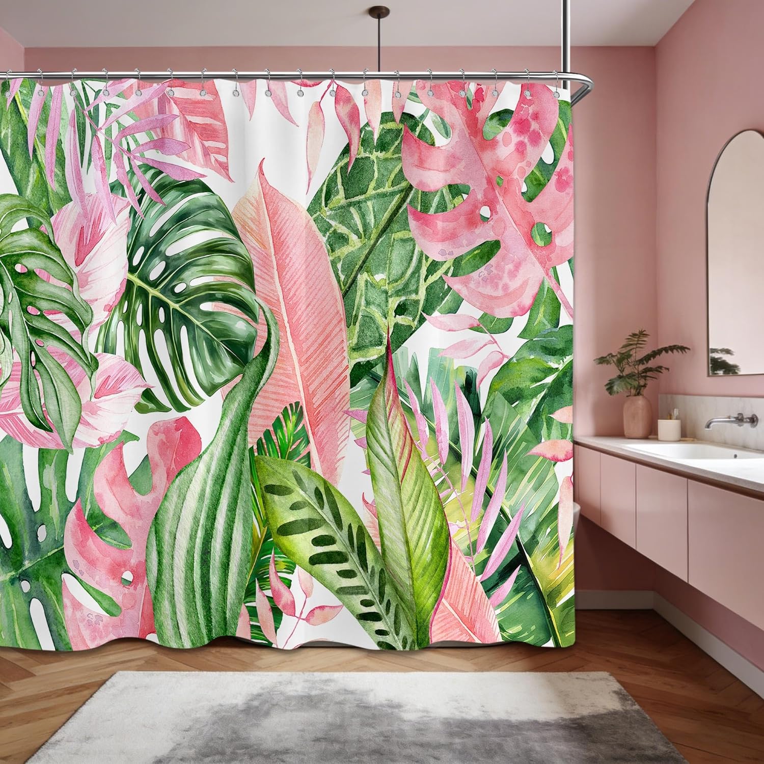 Pink and Green Tropical Palm Leaf Shower Curtain Monstera Leaves Jungle Plant Shower Curtains for Bathroom Decor, Waterproof Cloth Fabric with Hooks 108 X 72 Inch