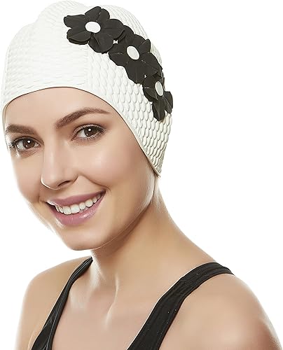 Miniatura 7 de BeeMo o Gorro de natación de látex para mujer, gorro de natación de goma, suave, cómodo, elástico, elegante, diseño de corte bajo, protege el