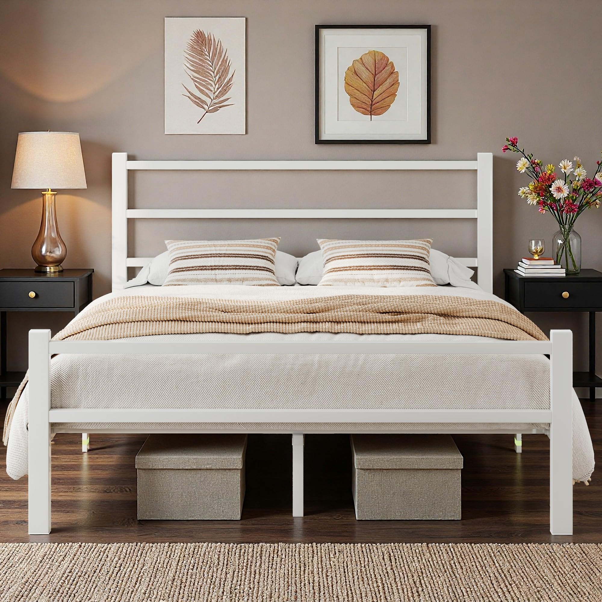 Feonase Double Bed Frame, Metal Platform Bed Frame, Double Beds Solid Bedstead Base with Headboard and Footboard, Sturdy Steel Construction, Under-bed Storage, Easy Assembly, Noise Free, White