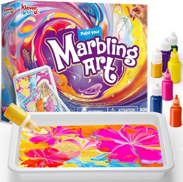 Klever Kits Marbling Paint for Kids, Metallic Gold Water Marble Painting Art, Arts and Crafts for Girls & Boys 6-12 Years Old, Paint Craft Kits, Christmas Toys Gifts Ideas Activities Toys