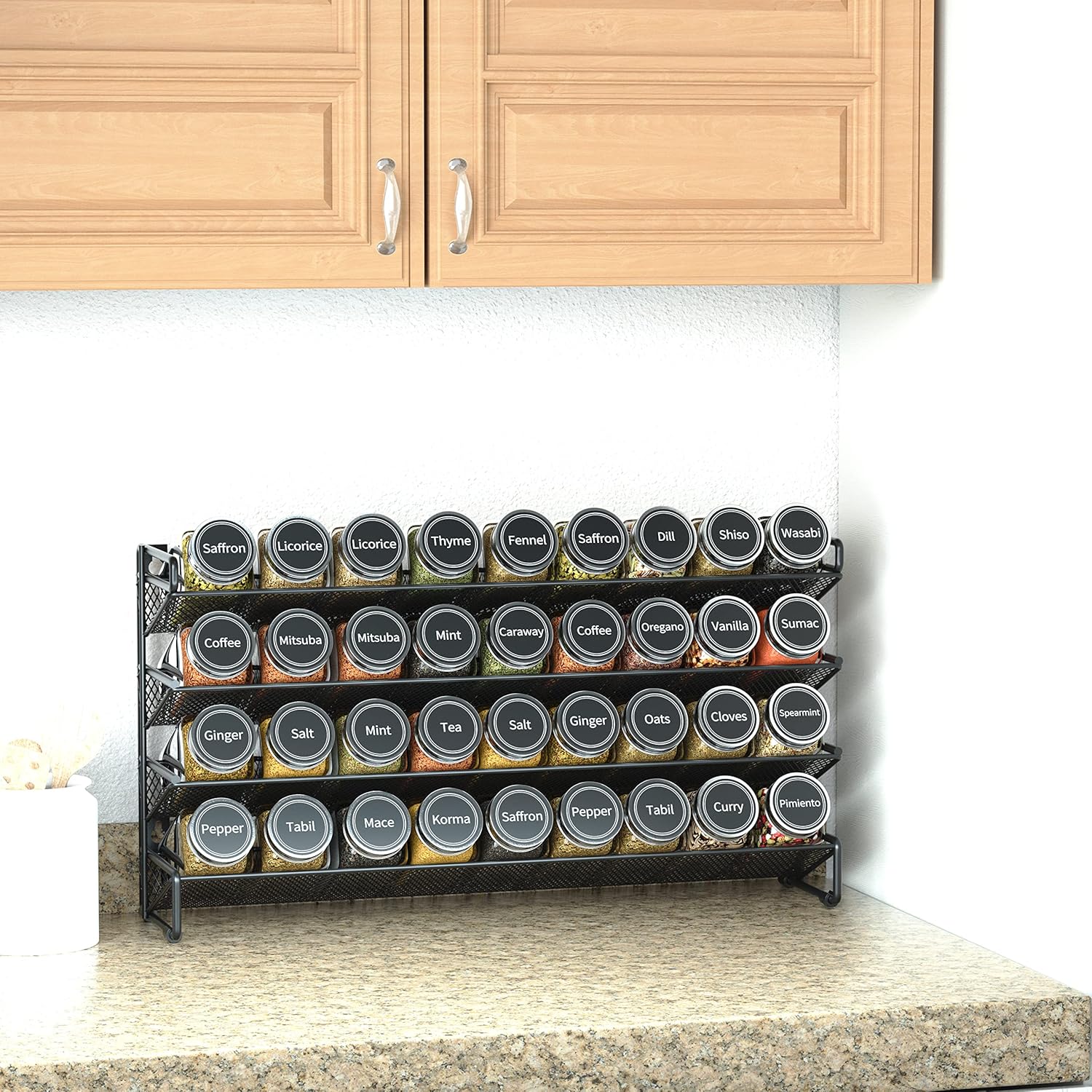 SpaceAid Spice Rack Organizer with 36 Spice Jars, 386 Spice Labels, Chalk Marker and Funnel Set for Cabinet, Countertop, Pantry, Cupboard or Door & Wall Mount - 36 Jars, 17.2" W × 10.8" H, Black - Image 3