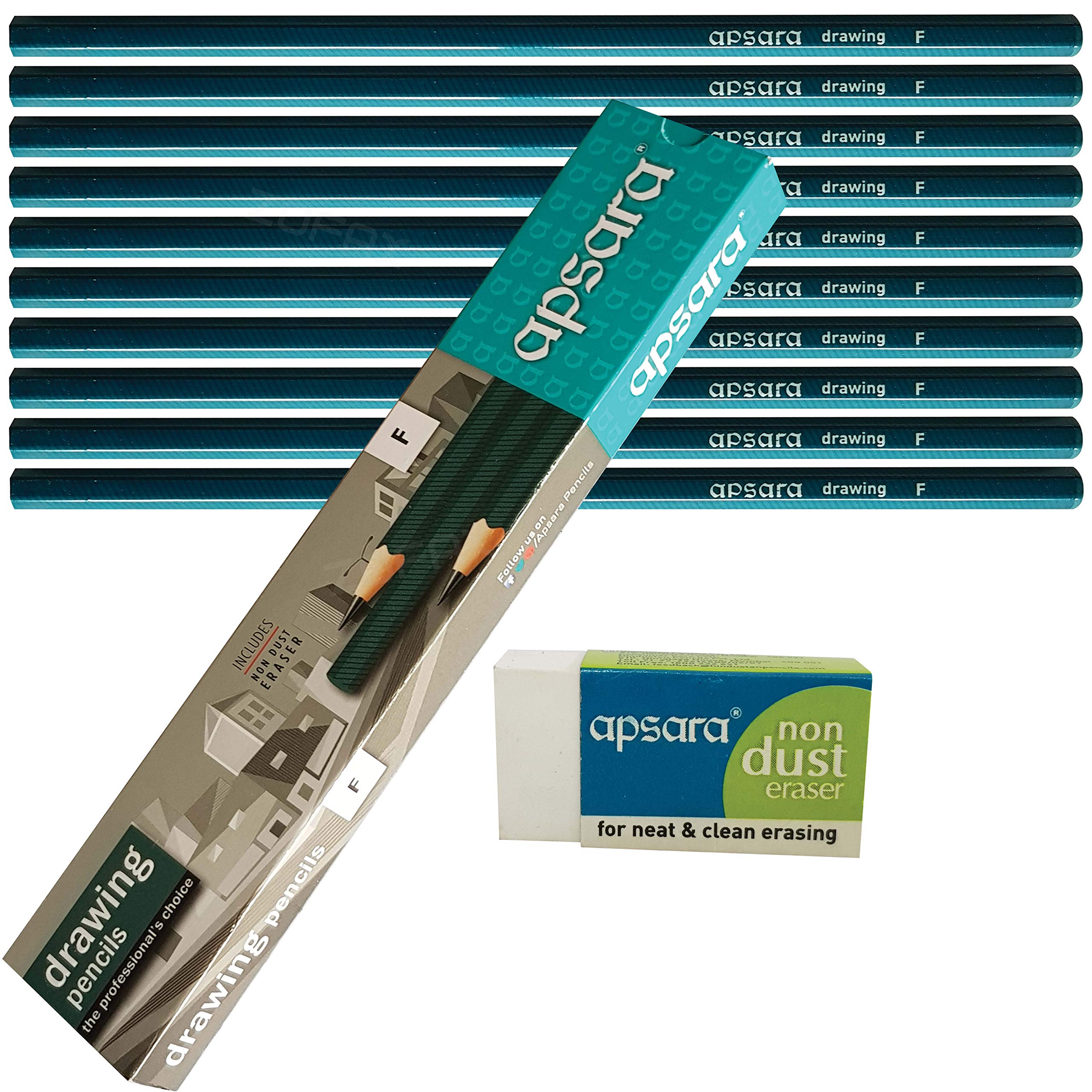 APSARAArtist Drawing Pencils Sketching (10 x F Grade Pencils + Eraser + 2 x ZOFAX Ball BLACK Pens)