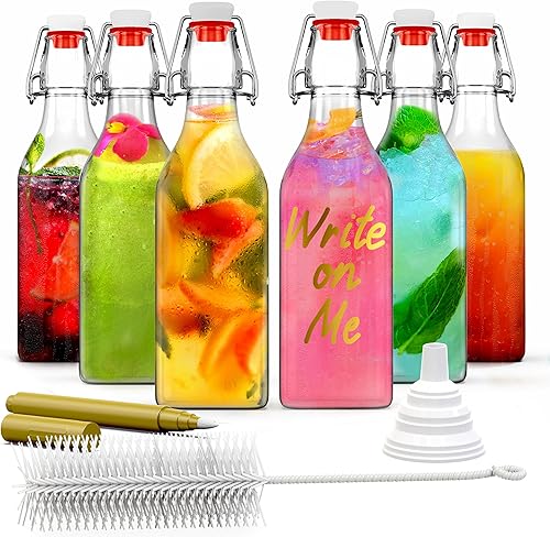 Miniatura 1 de Nevlers Botellas de vidrio cuadradas con tapa abatible de 85 onzas  Juego de 6 botellas de vidrio abatibles  Botellas con tapa abatible para