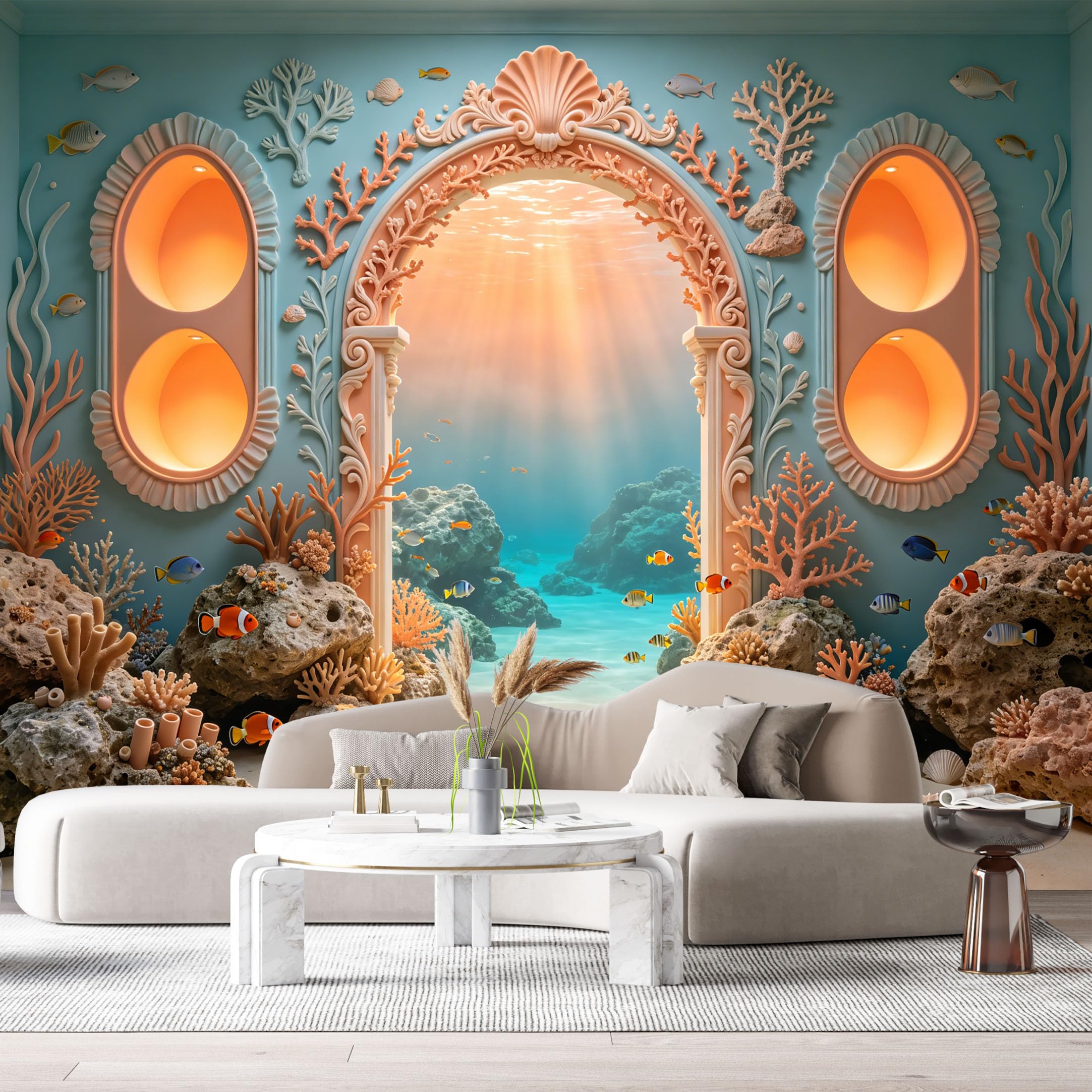 Custom Size Wall Murals Ocean Marine Fantasy Underwater Palace Bioluminescent Coral Reef 3D Trompe L'Oeil SelfAdhesiveWall Fabric Removable Wallpaper Wall Decor for Living Room Bedroom