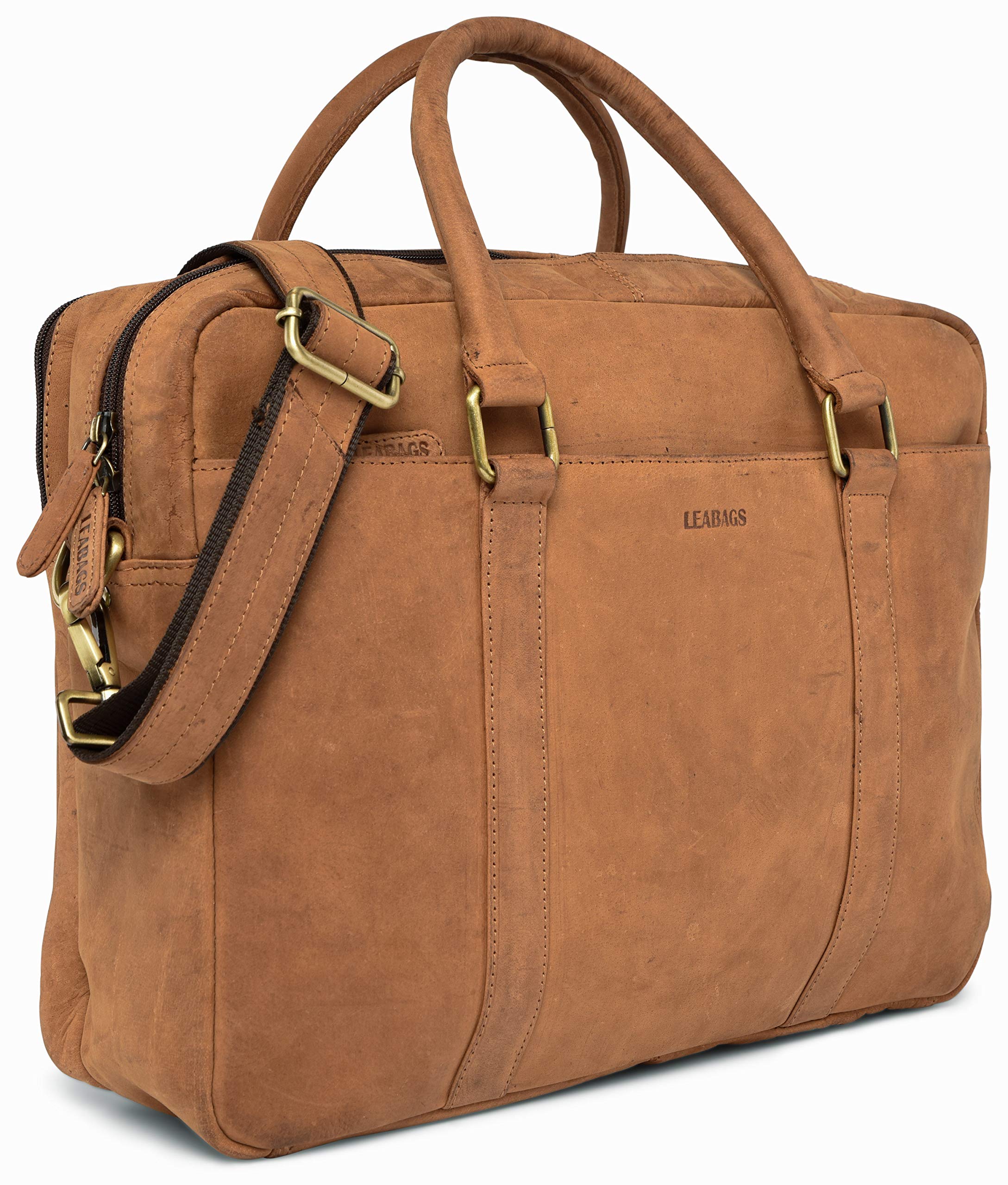LEABAGS Bolso para Hombres y Mujeres | Bolsa de Portátil de Cuero Genuino de hasta 16" | Bolso Bandolera con Correa | Bolso de Hombro | Bolsa Mensajera | Bolsa de Trabajo