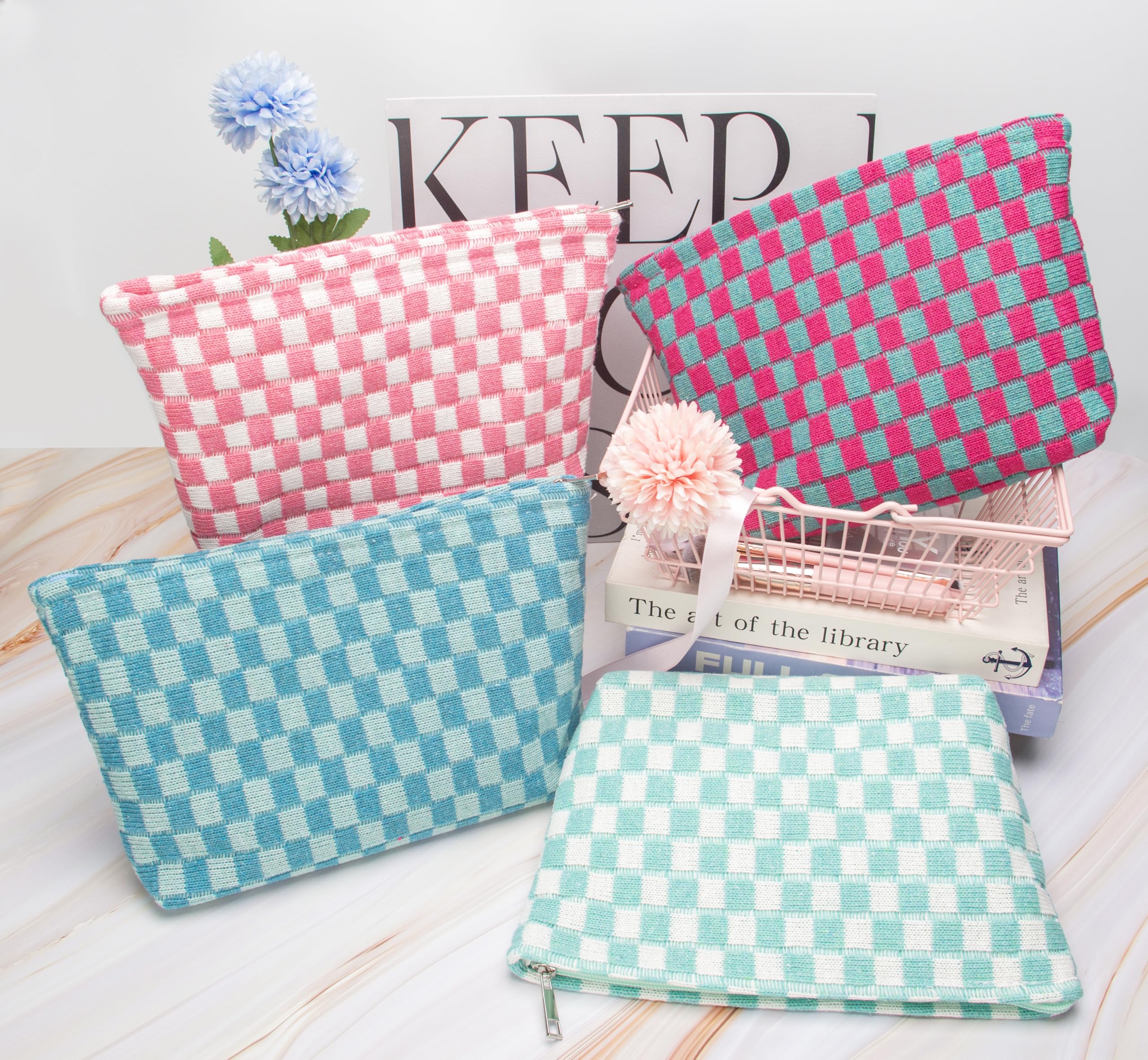 PAZIMIIK Karierte Make-up-Tasche für Geldbörse, tragbar, mit Reißverschluss, kleine Kosmetiktasche für Reisezubehör, B-lake blue