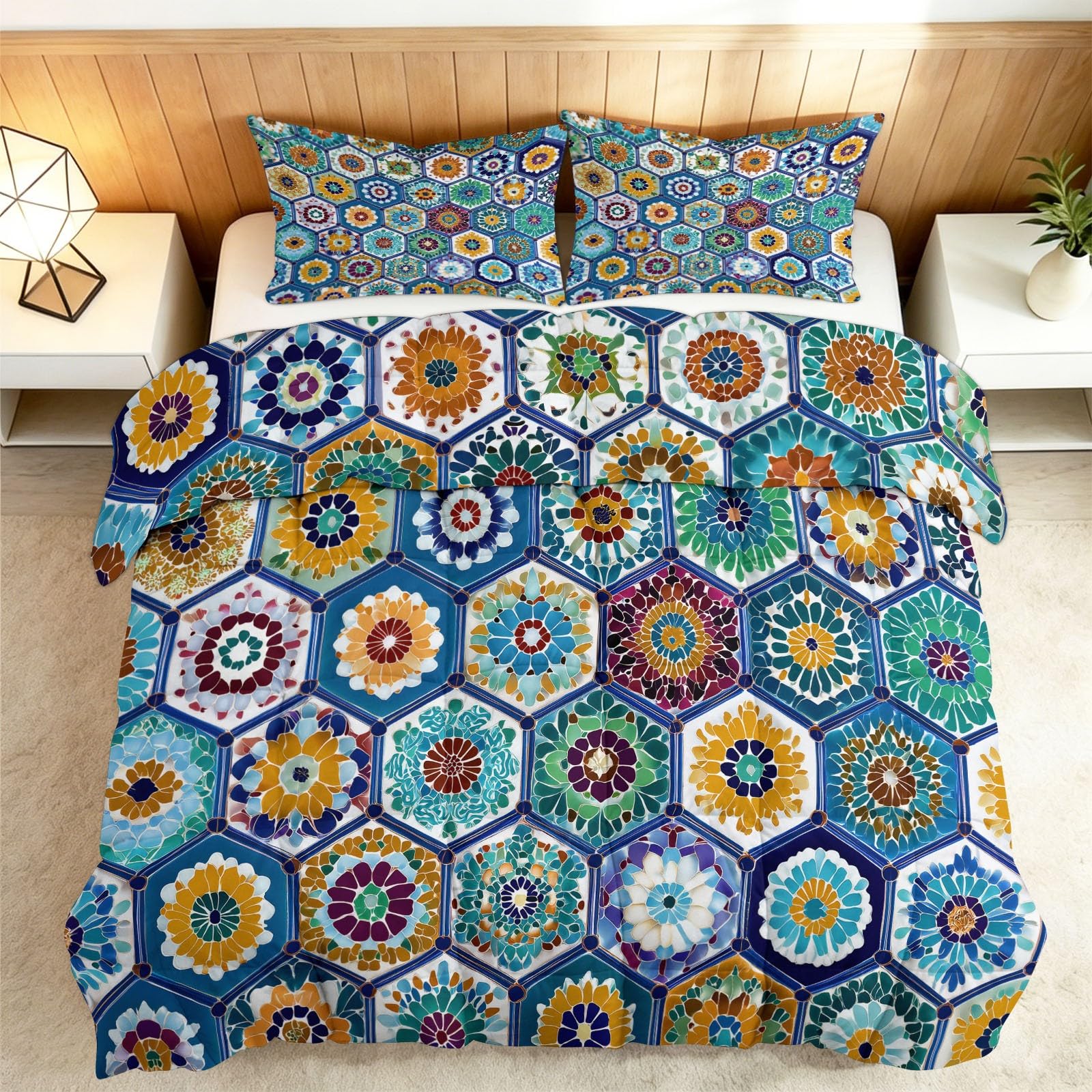 Tutte le stagioni - Trapunta 240 x 260 cm, fantasia geometrica esagonale floreale trapuntata di lusso e morbido in piumino e piume, traspirante, lavabile in lavatrice, ipoallergenico, buon sonno