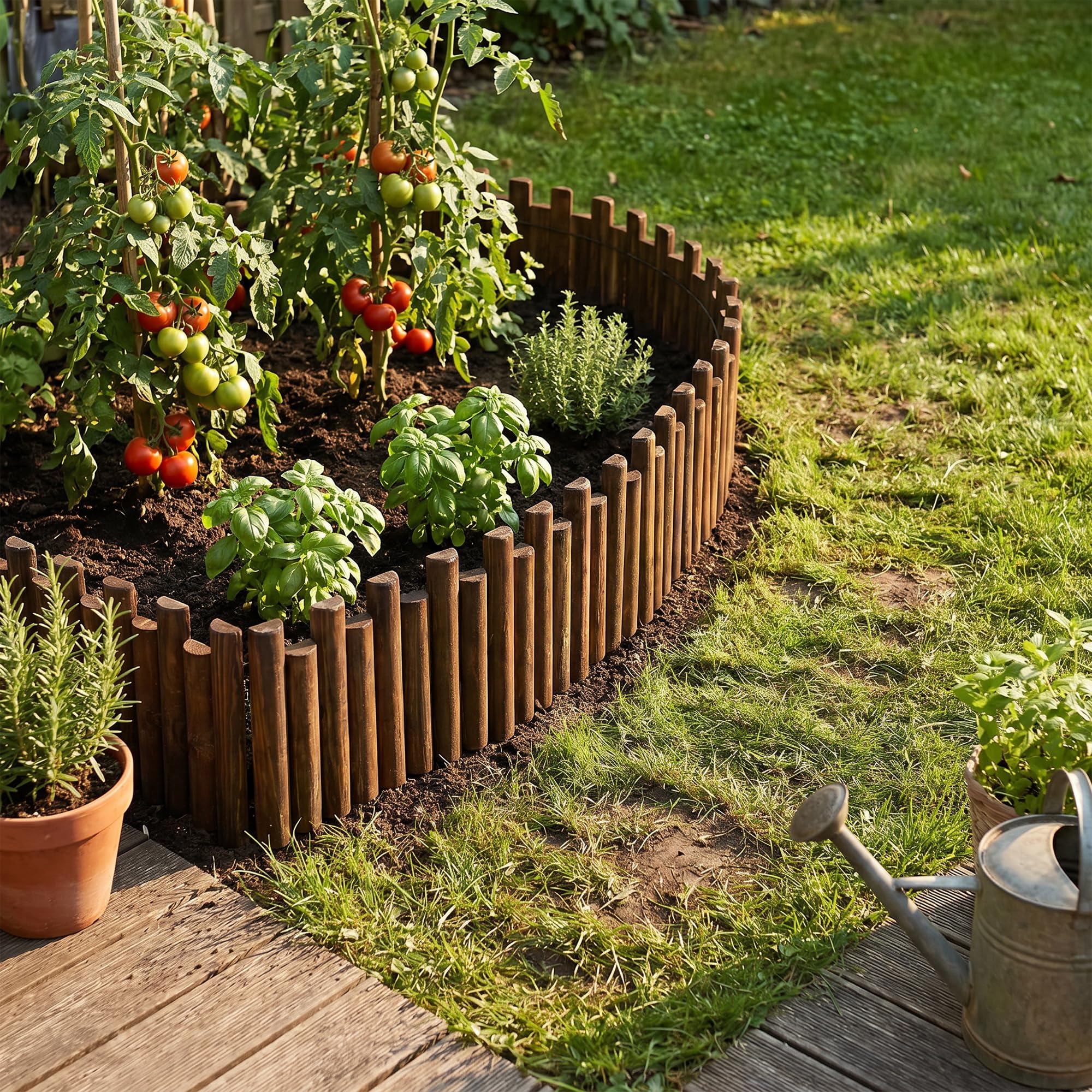 Recinzione da Giardino in Legno Finitura Legno Bruciato Altezza Totale 35cm Lunghezza 120cm per Prato e Aiuole Recinzione Flessibile e Decorativa #K650A01