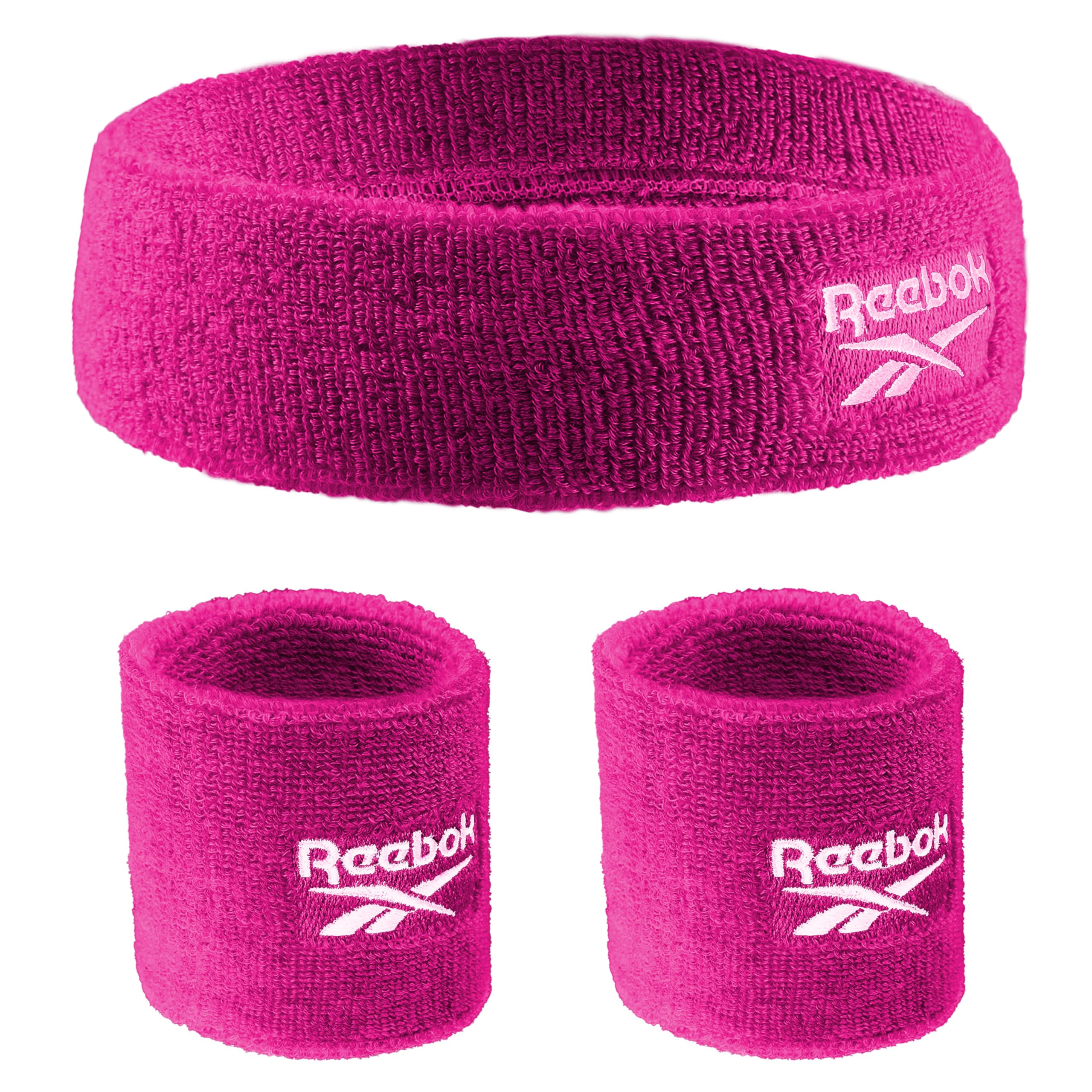 Reebok 3-częściowy zestaw sportowych opasek przeciwpotnych unisex – opaska treningowa 5,7 cm i opaski na nadgarstek 8,3 cm z technologią Stay Dry, tkanina odprowadzająca wilgoć, wysokiej jakości