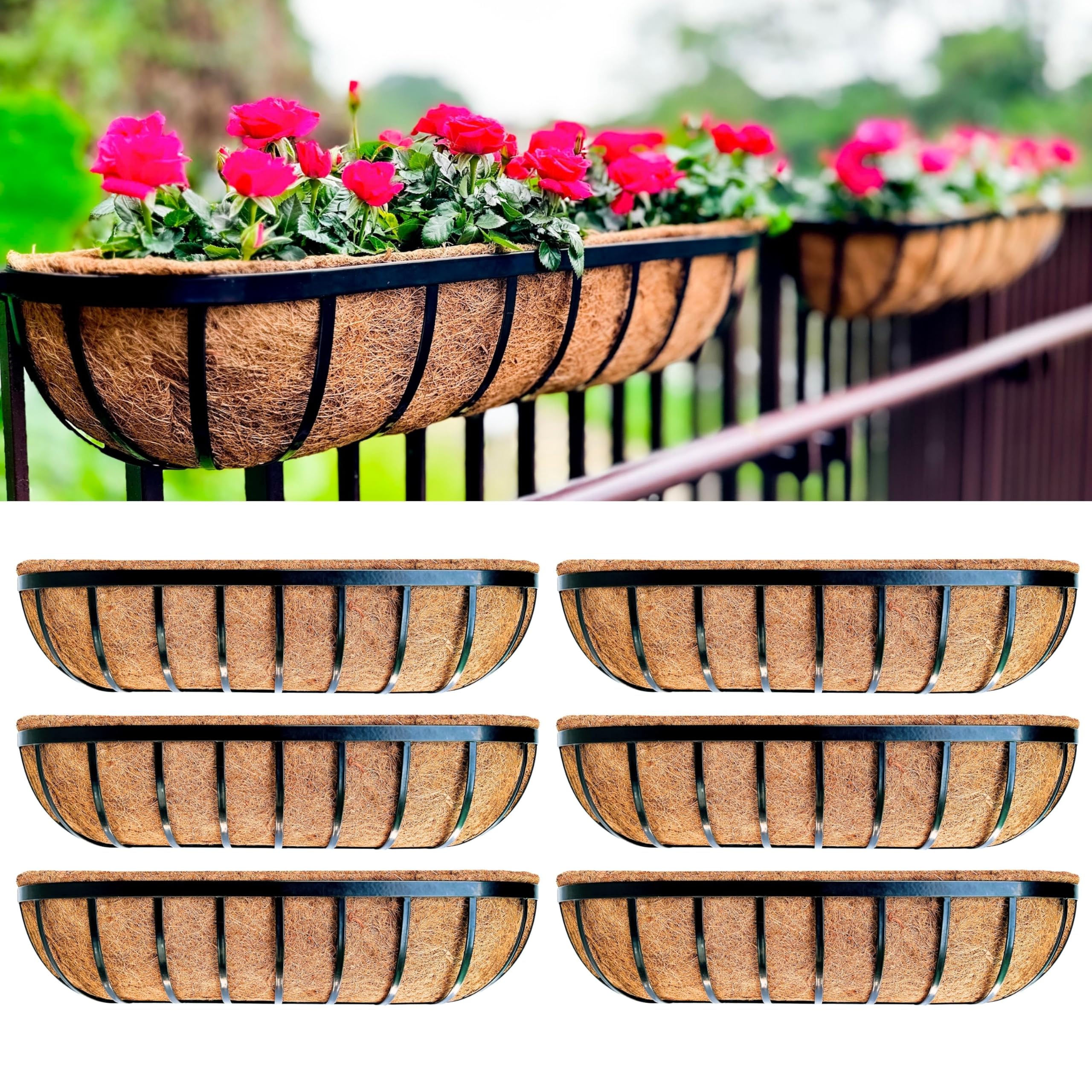 LaLaGreen Outdoor Wall Planter for Plants (6 Pack, 30 Inch) Large Black Metal Basket with Coco Liner, Long Window Flower Box Deck Railings Hanging Horse Trough Balcony Garden Fence Balcony Patio Rail