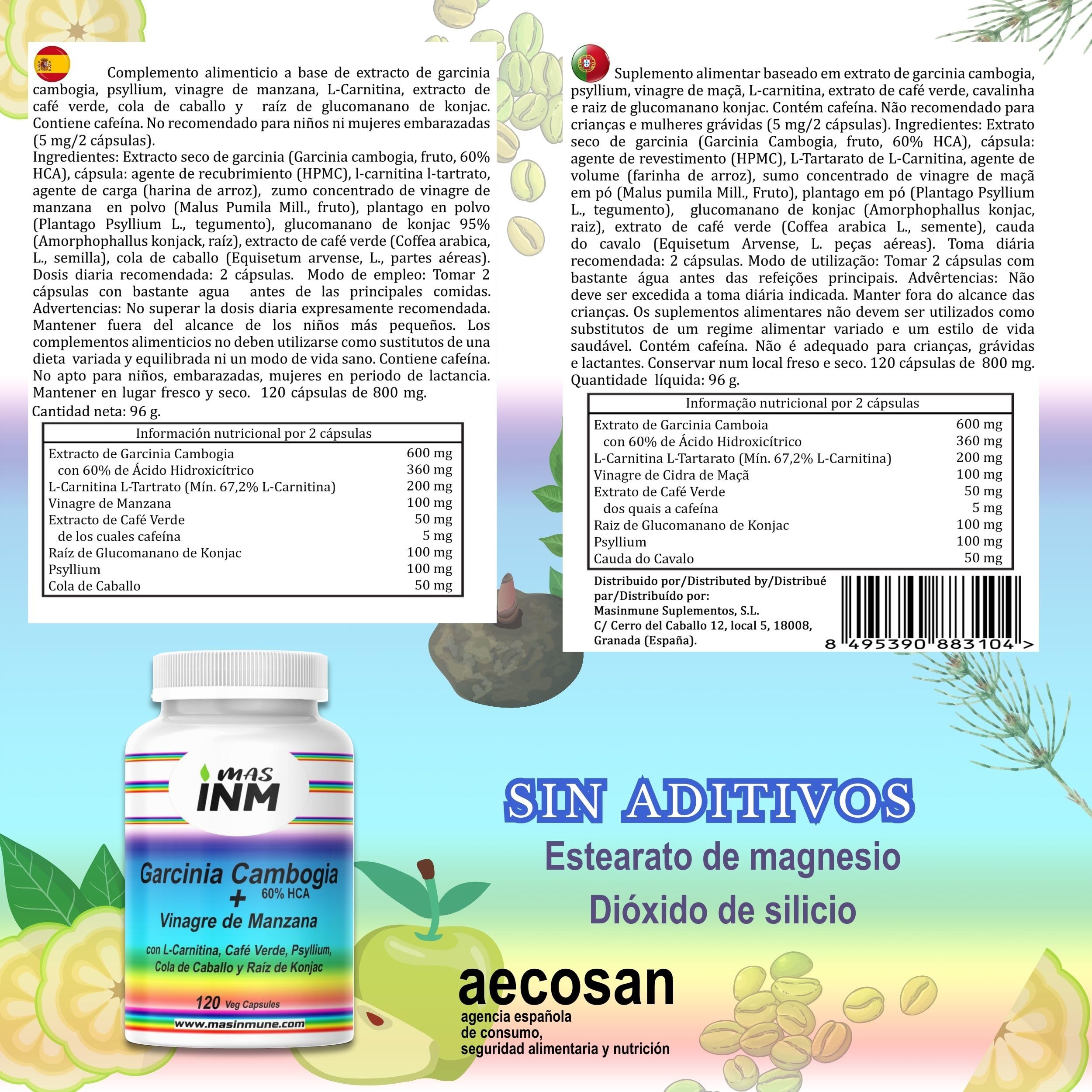 Garcinia Cambogia 60% HCA - Quemagrasas Natural con Vinagre de Manzana - L-Carnitina – Glucomanano - Suplemento para Pérdida de Peso – Efecto Termogénico Fat Burner - 120 Cápsulas – Masinmune.