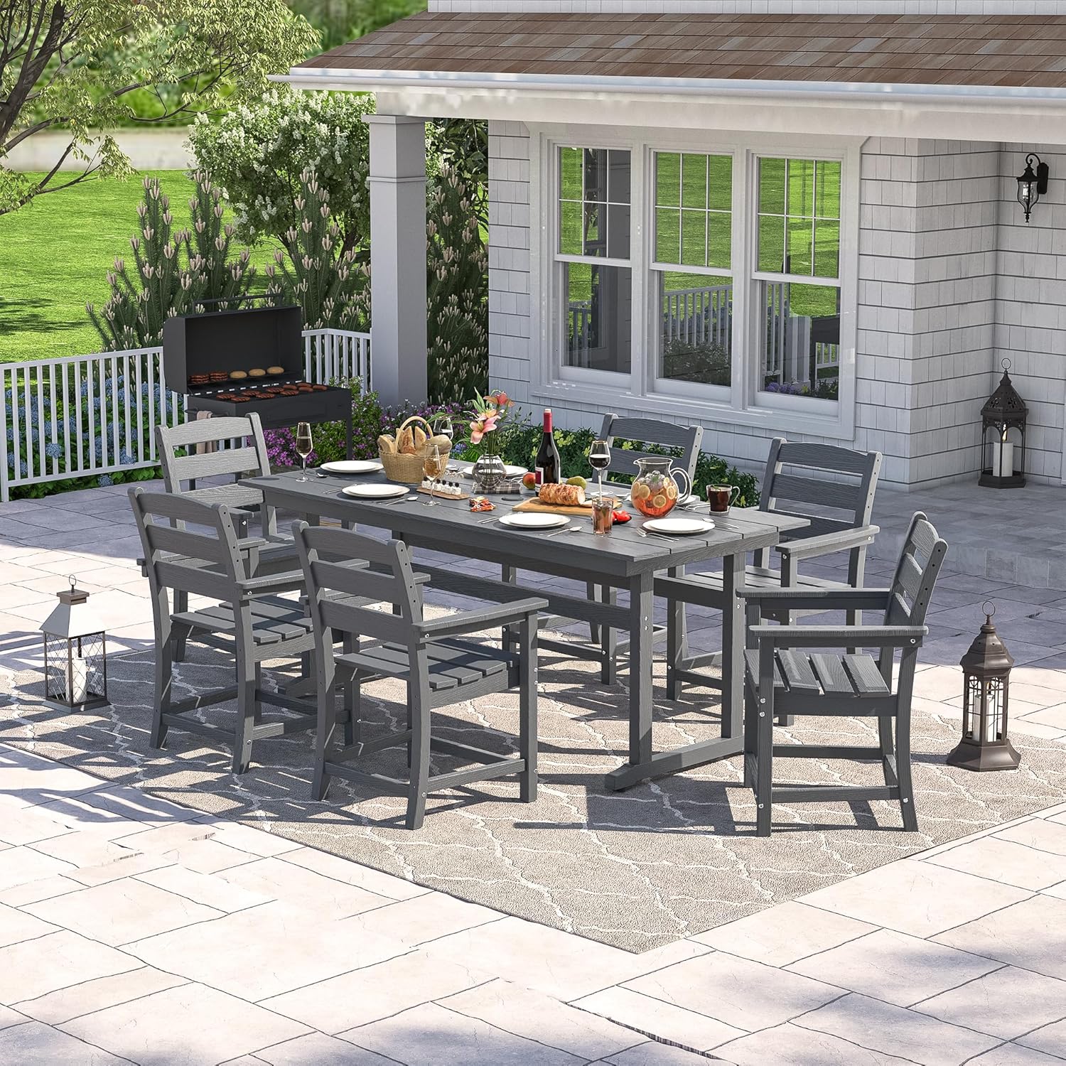nalone 7-Piece Patio Dining Table Set, HDPE Outdoor Dining Sets with Table and 6 Chairs, Dining Furniture Set with Umbrella Hole (Grey, 7 Pcs)