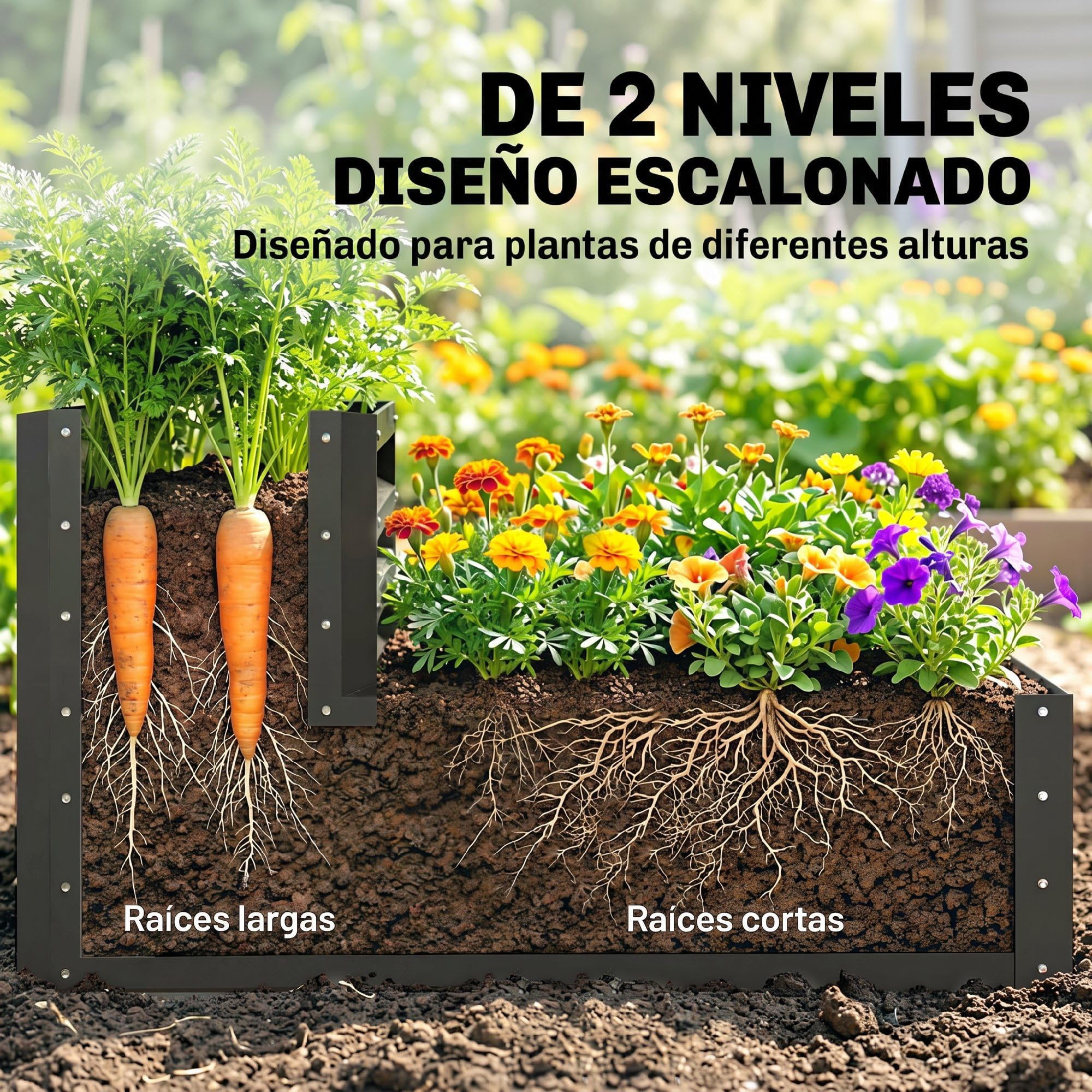 Outsunny Huerto Urbano de 2 Niveles de Acero Galvanizado, Jardinera Exterior con Diseño de Escalera y Fondo Abierto para Cultivos, Plantas, Herbaria, para Terraza, Jardín, 120x101x58 cm, Gris Oscuro