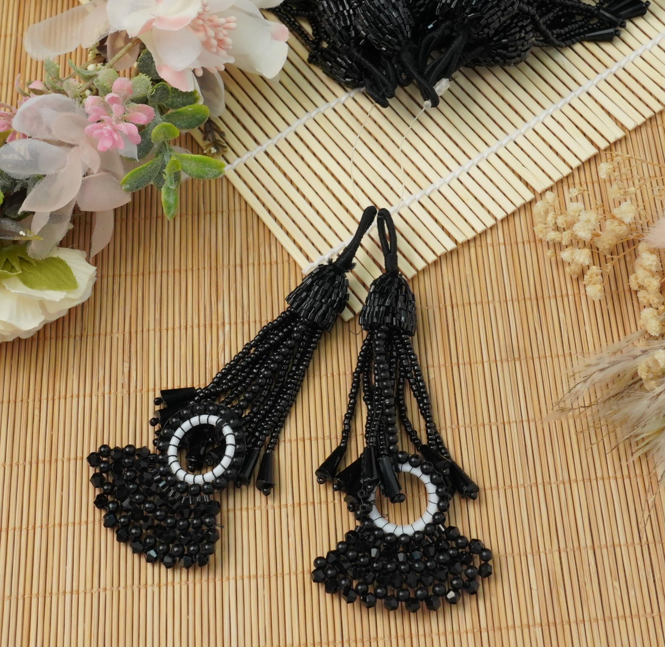 Feathers Creation Ltd Sew on Tassels garland for Curtain Edge Blouse Latkan Wedding Dress Tassel Sold per Pair 5 inch Inch Long (Black)