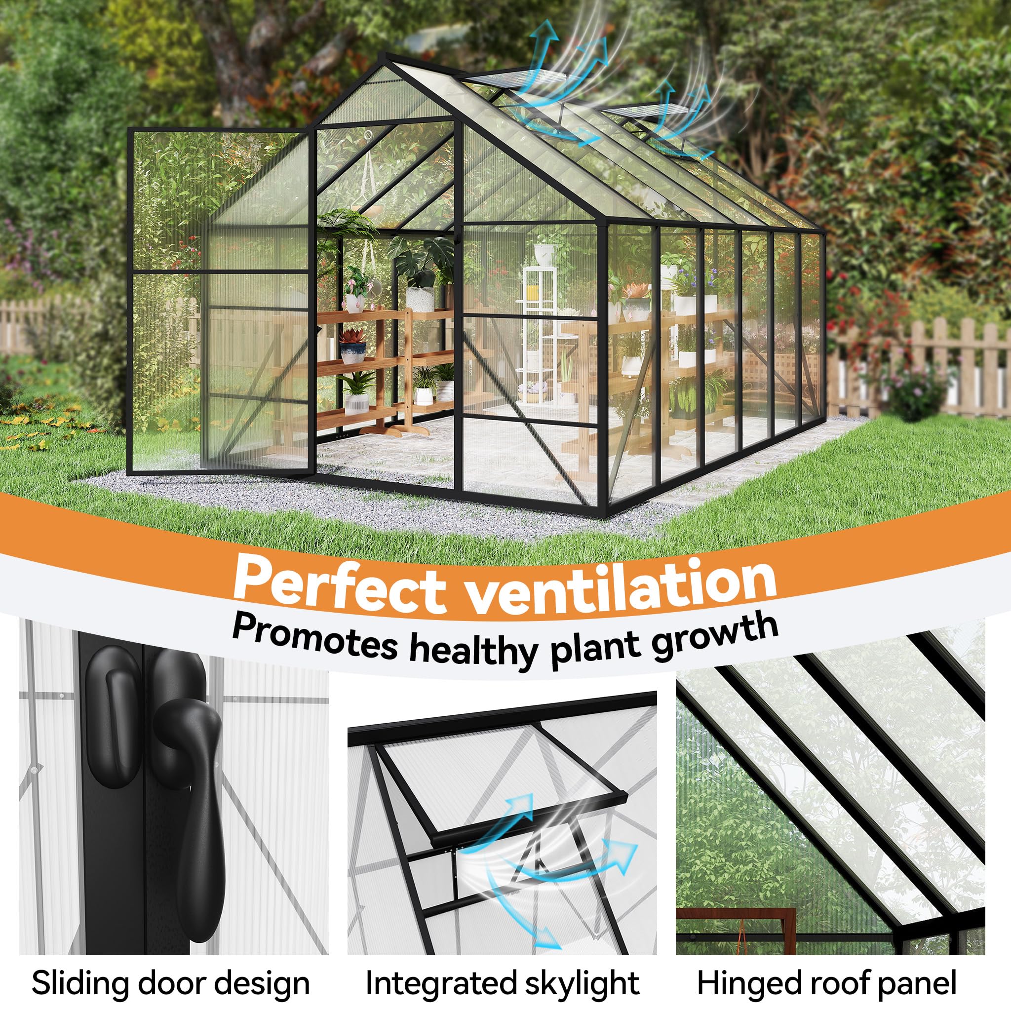 NAIZY, serra da giardino 380x250x205 cm con ancoraggio a terra e pellicola di base da 6 cm, serra in policarbonato da 580 g e 4 mm con struttura in alluminio, serra per pomodori e coltivazione