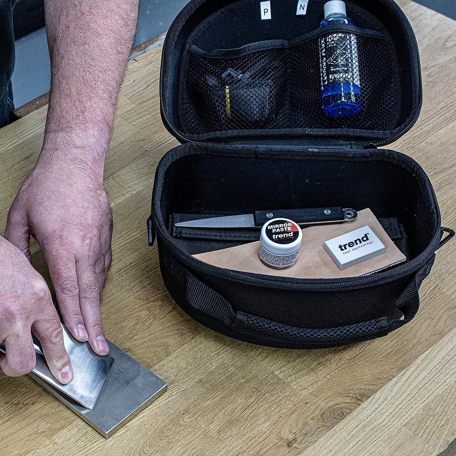 Trend Essential Sharpening Set: 8 Inch Diamond Bench Stone, Tapered File, Leather Strop, Lapping Fluid, Mirror Paste, Cleaning Block & Storage Case, DWS/KIT/I
