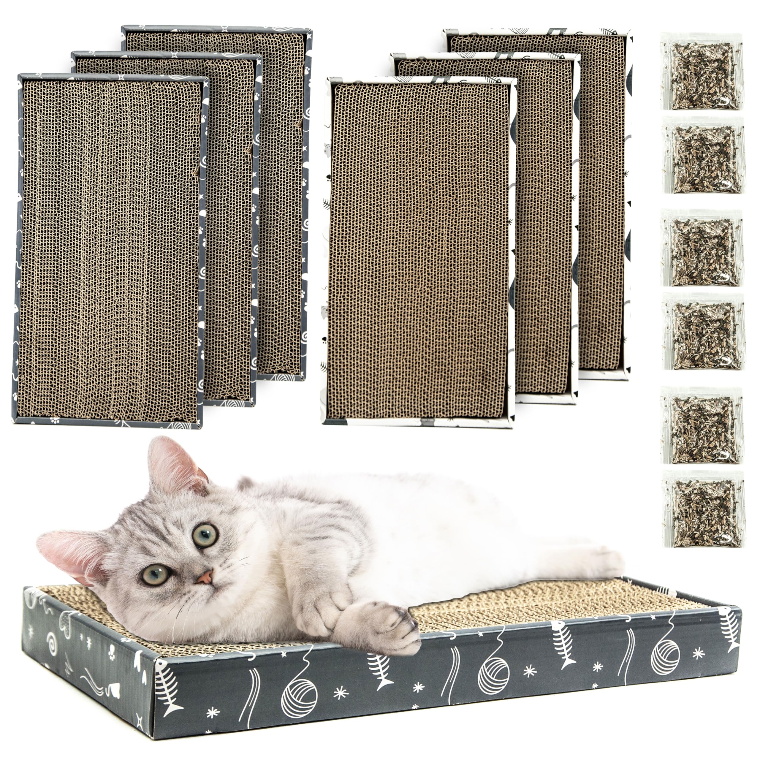 6x CORRUGATE Cat Scratching Board with CATNIP - Cat Scratcher for Indoor Cats, Box Scratch Pad, Cardboard, Bed, Reversible, Cleaner, Safe for Paws (White/Grey (Pack of 6), Animal Print)