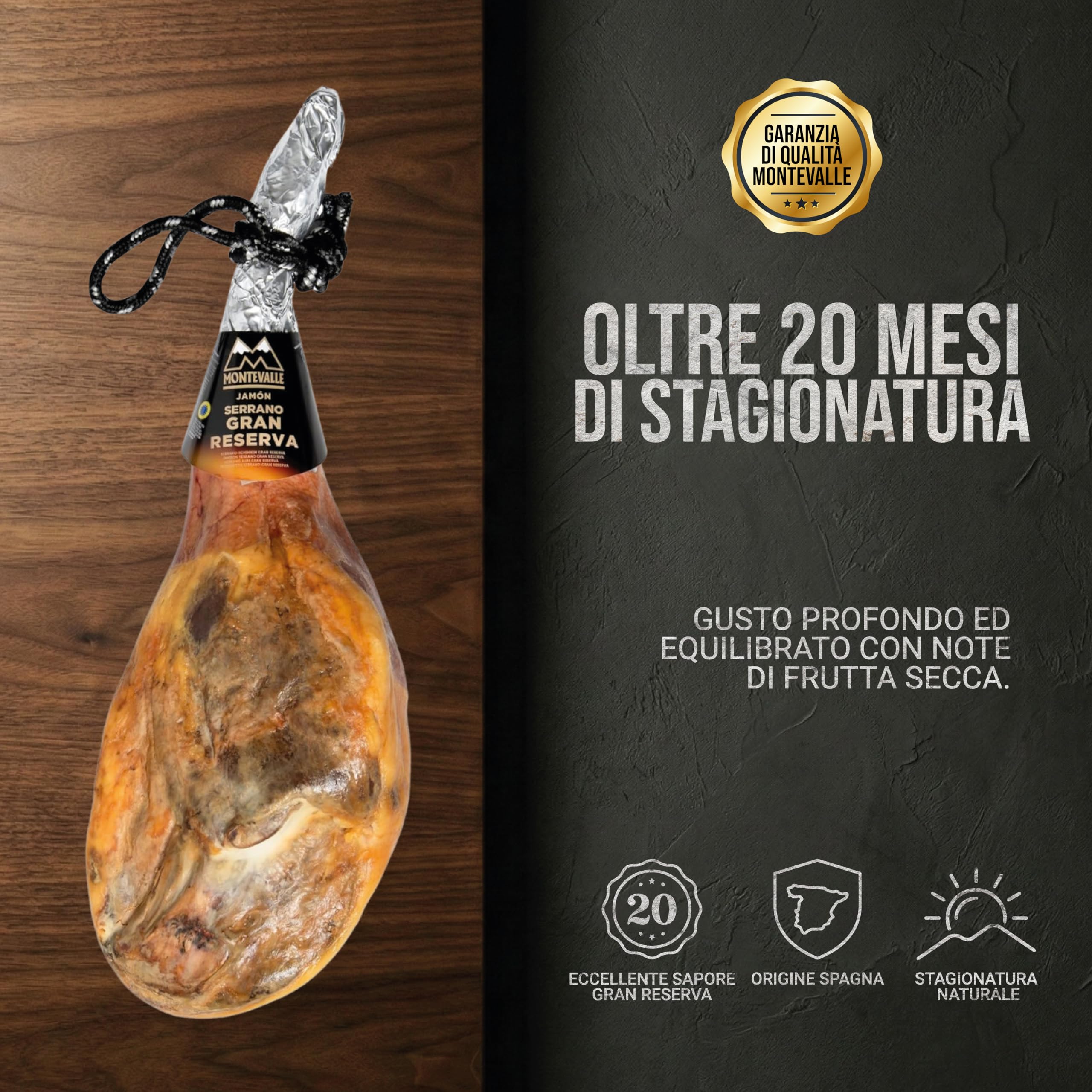 Montevalle Jamón Serrano Gran Reserva | Prosciutto Spagnolo Stagionato 20 Mesi | Pata Intera con Osso 7-8 kg | Eccellenza Gourmet per Taglio a Coltello Professionale in Cucina