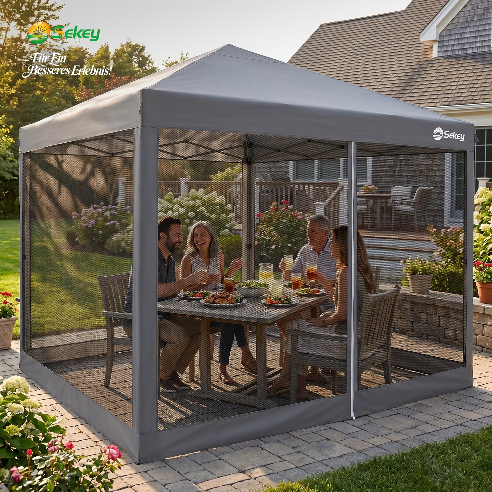 Sekey Pop Up Pavillon 3x3m Wasserdicht Stabil Winterfest mit moskitonetz, Höhenverstellbar Gartenpavillon mit 4 Seitenwänden, Faltpavillon 3x3 mit 4 Sandsäcke, (Grau-Insektenschutz)