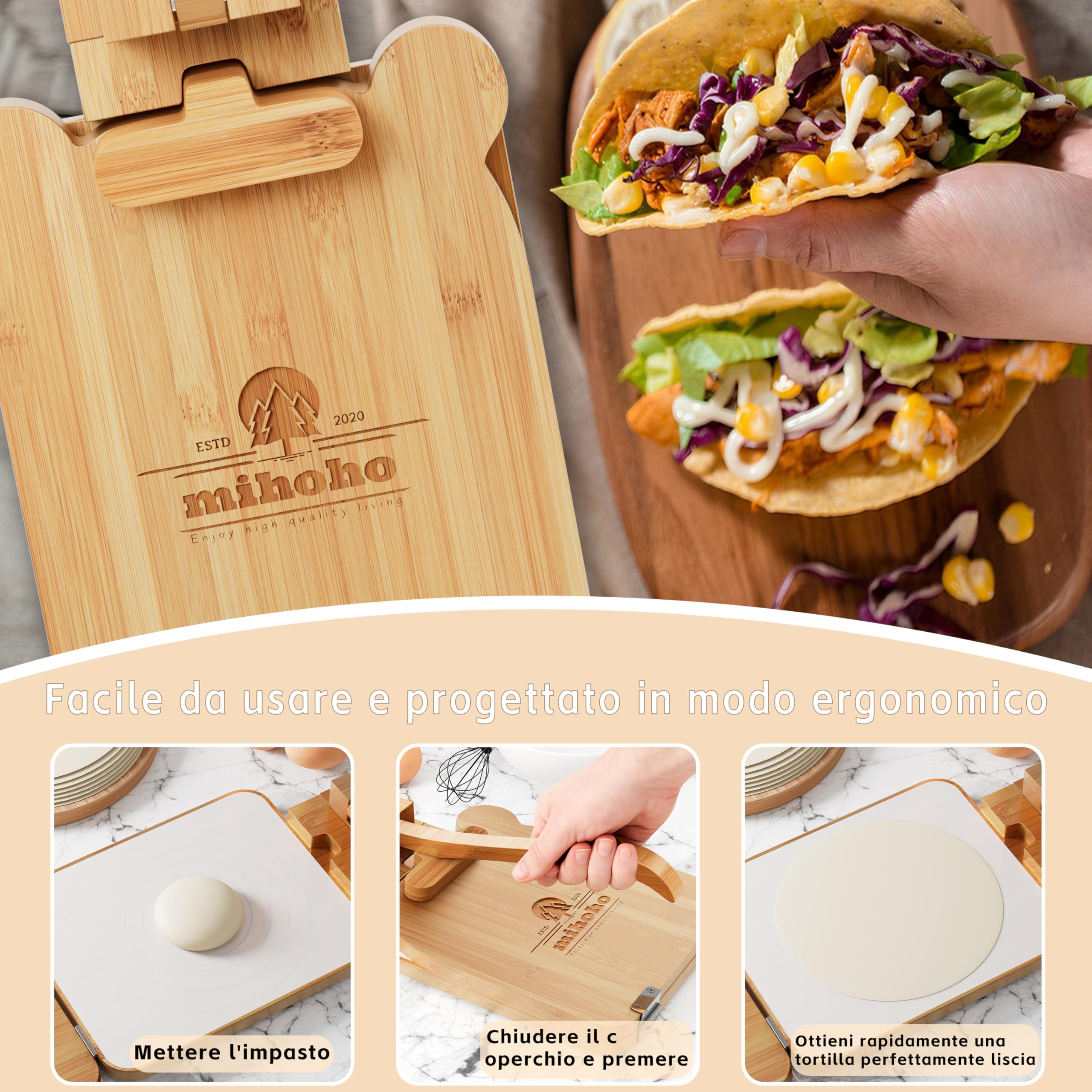 Mihoho Bambusowa prasa do tortilli, drewniana prasa do domowej mąki i mąki kukurydzianej, Roti Burrito Taco Pataconera (kolor drewna), 10 cali