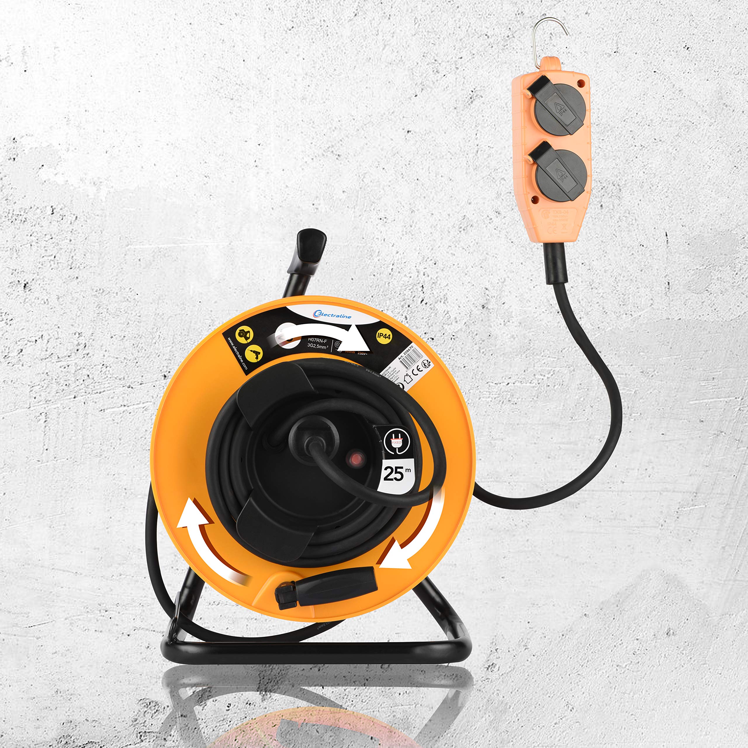 Electraline Pro-Line 208670 - Avvolgicavo elettrico professionale, 3G2,5 mm, 25 m, con blocco a 4 prese mobile, piastra fissa, colore: Giallo/Nero
