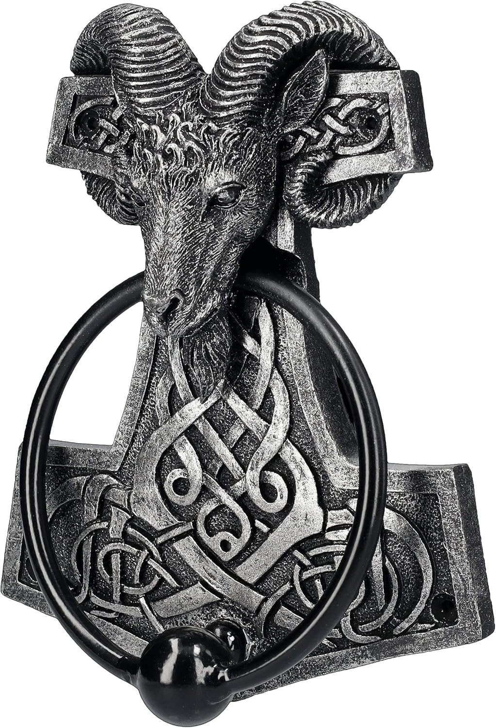 Pacific Giftware Viking Ram Head Thor Hammer Mjolnir with Runes Decorative Door Knocker Celtic Design Antique Silver Finish Polyresin Mythology Accent 6" H