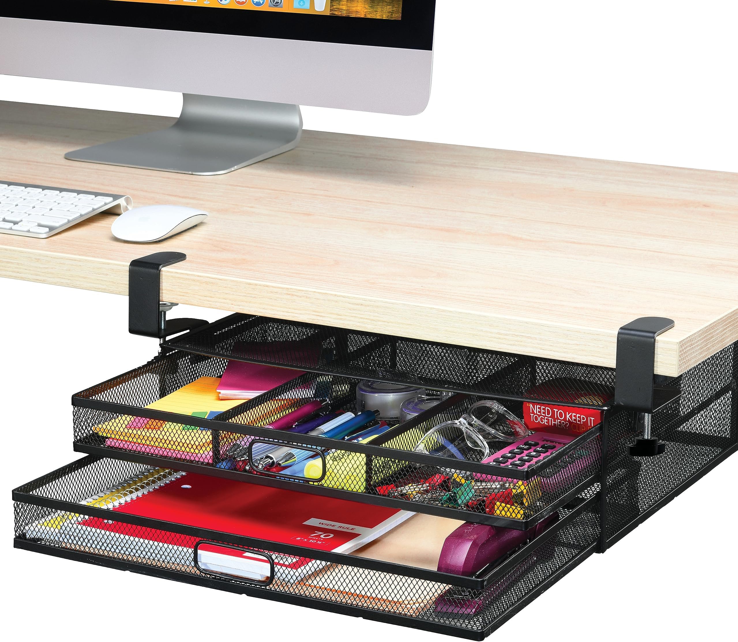 Homeify Under Desk Drawer Organizer Clamp-On, Mesh Metal Drawer Attachment, 2 Drawer Slide Out, On Or Under Desk Organizer For Office Supplies & Home Essentials (2 Drawers)